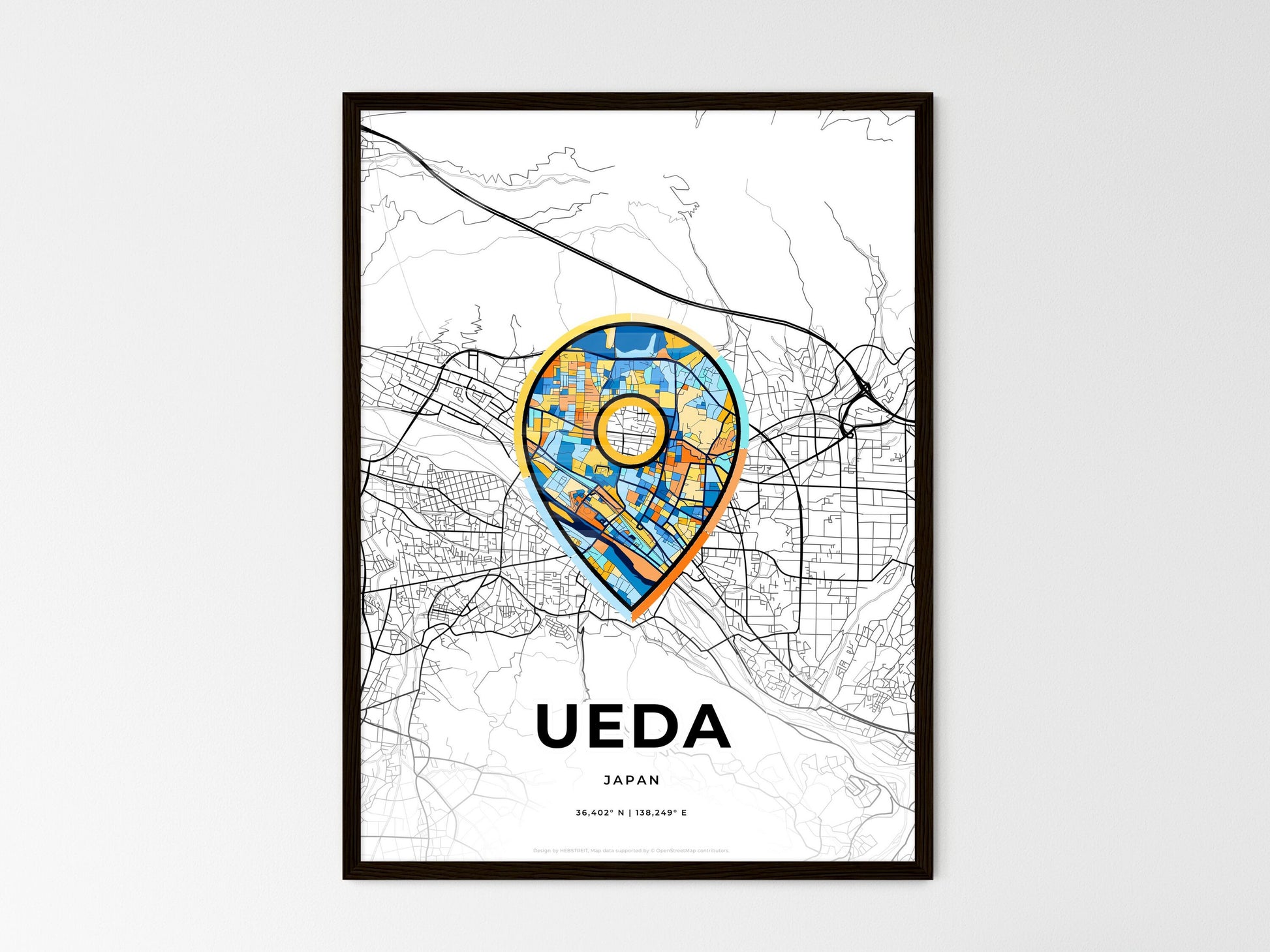 UEDA JAPAN minimal art map with a colorful icon. Style 1
