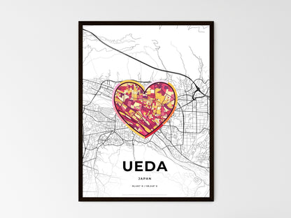 UEDA JAPAN minimal art map with a colorful icon. Style 2