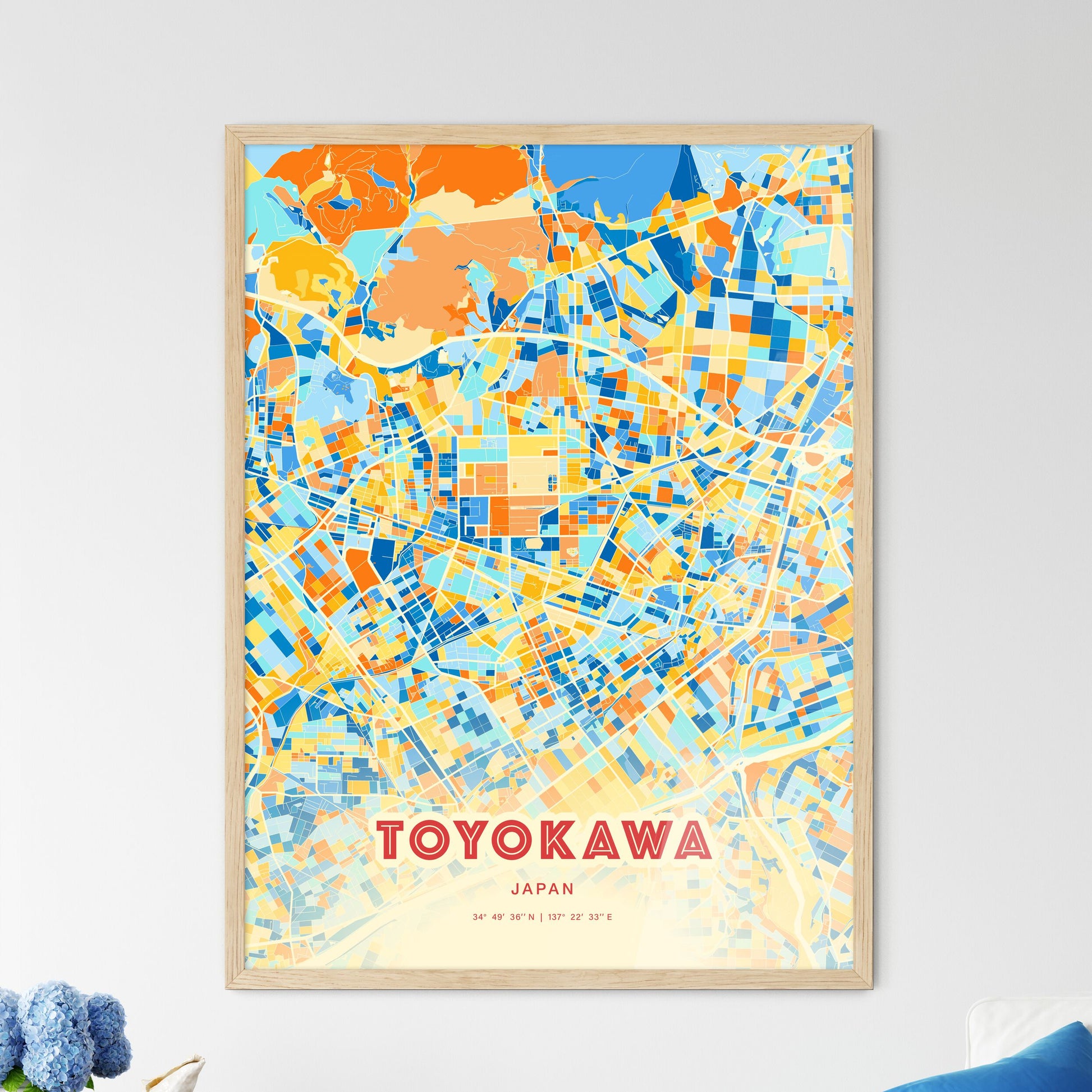 Colorful TOYOKAWA JAPAN Fine Art Map Blue Orange