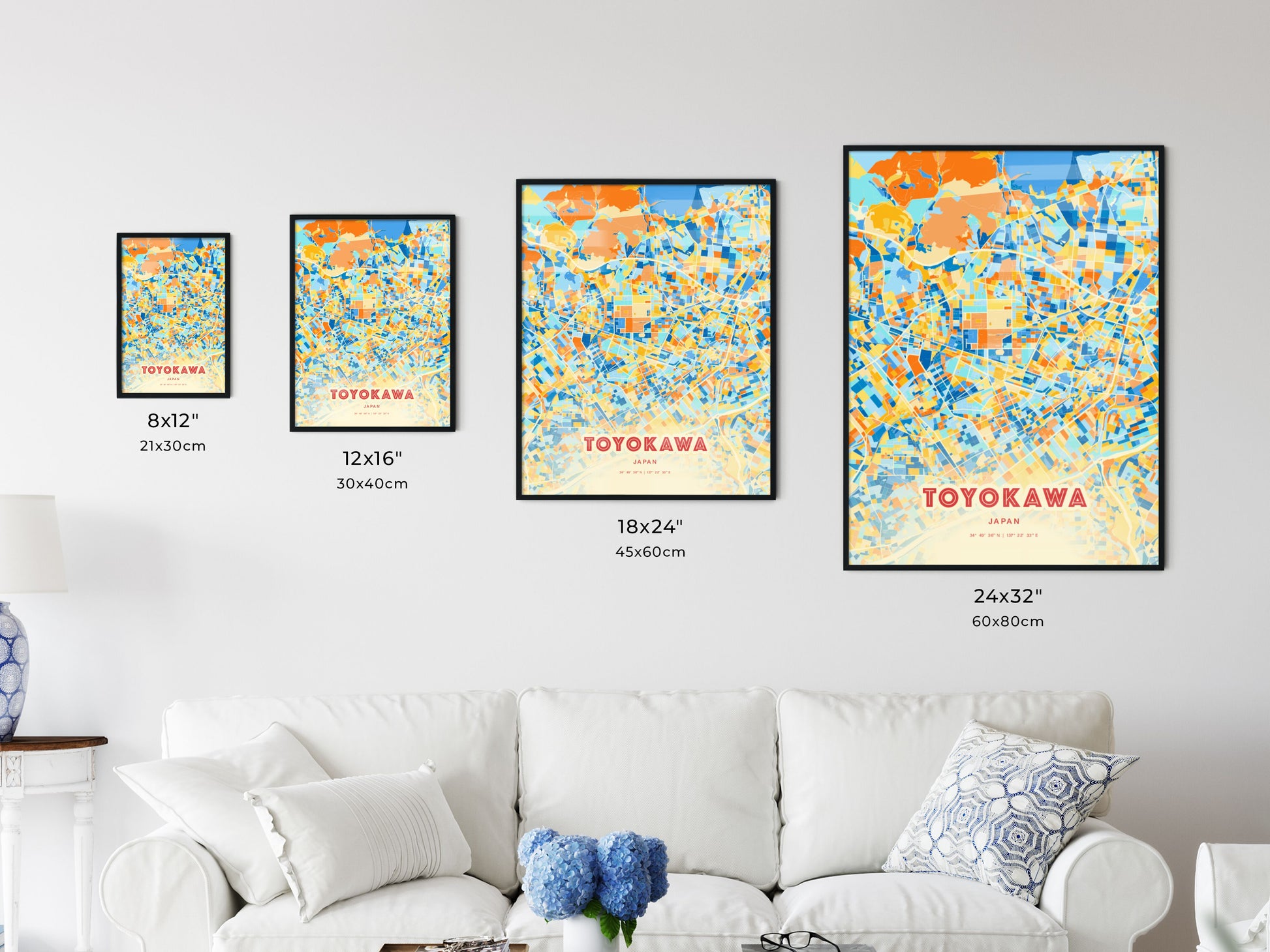 Colorful TOYOKAWA JAPAN Fine Art Map Blue Orange