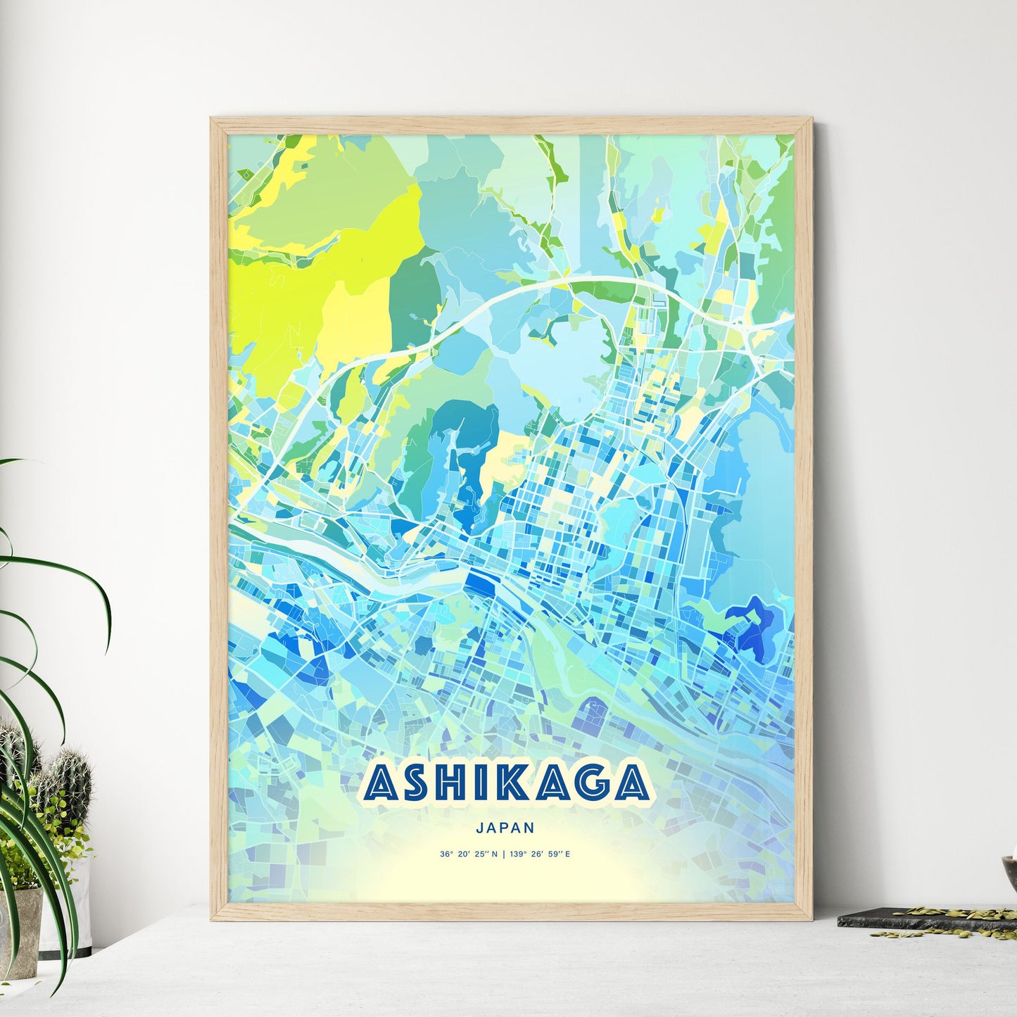 Colorful ASHIKAGA JAPAN Fine Art Map Cool Blue