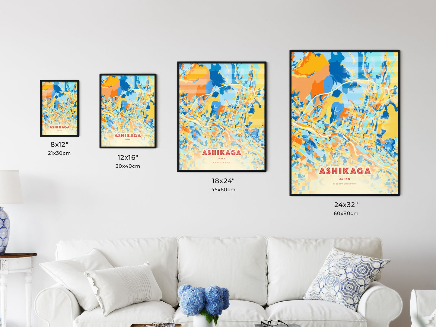 Colorful ASHIKAGA JAPAN Fine Art Map Blue Orange