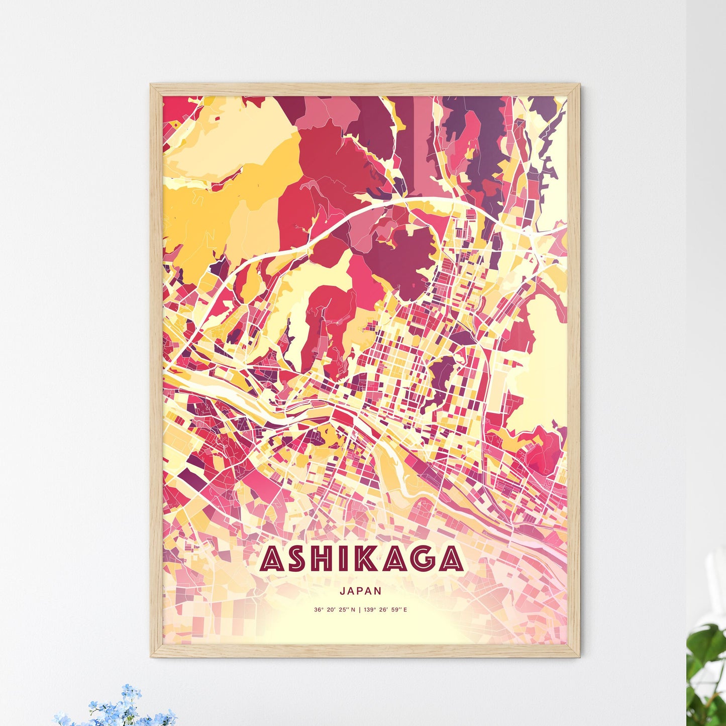 Colorful ASHIKAGA JAPAN Fine Art Map Hot Red