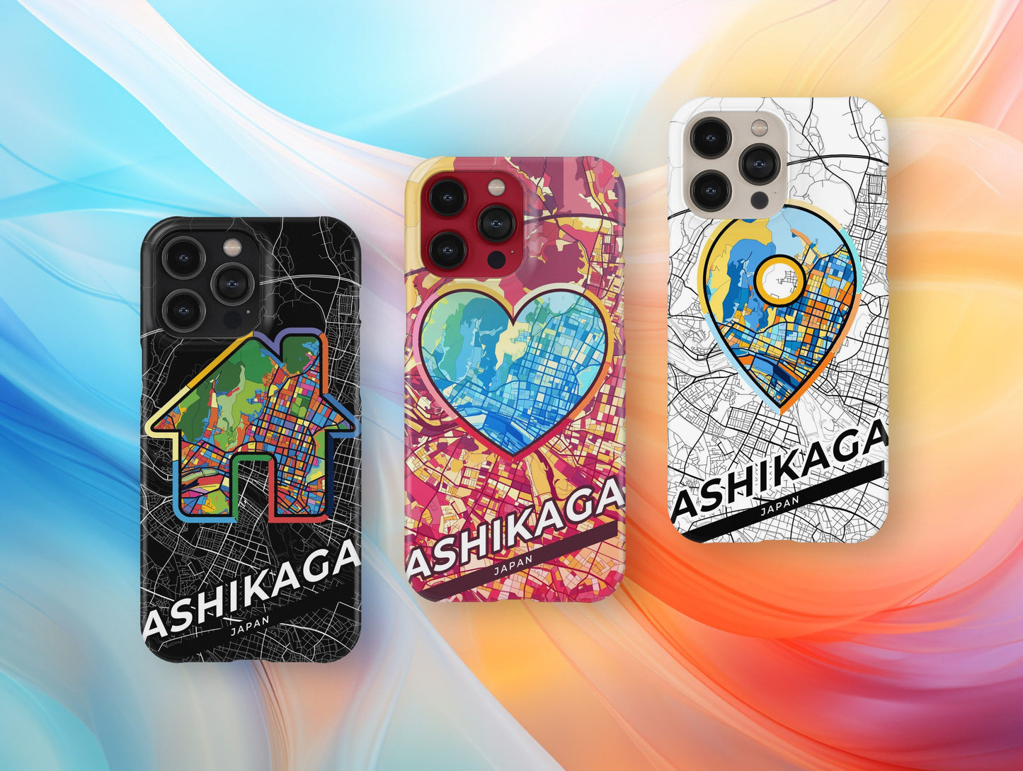 Ashikaga Japan slim phone case with colorful icon. Birthday, wedding or housewarming gift. Couple match cases.