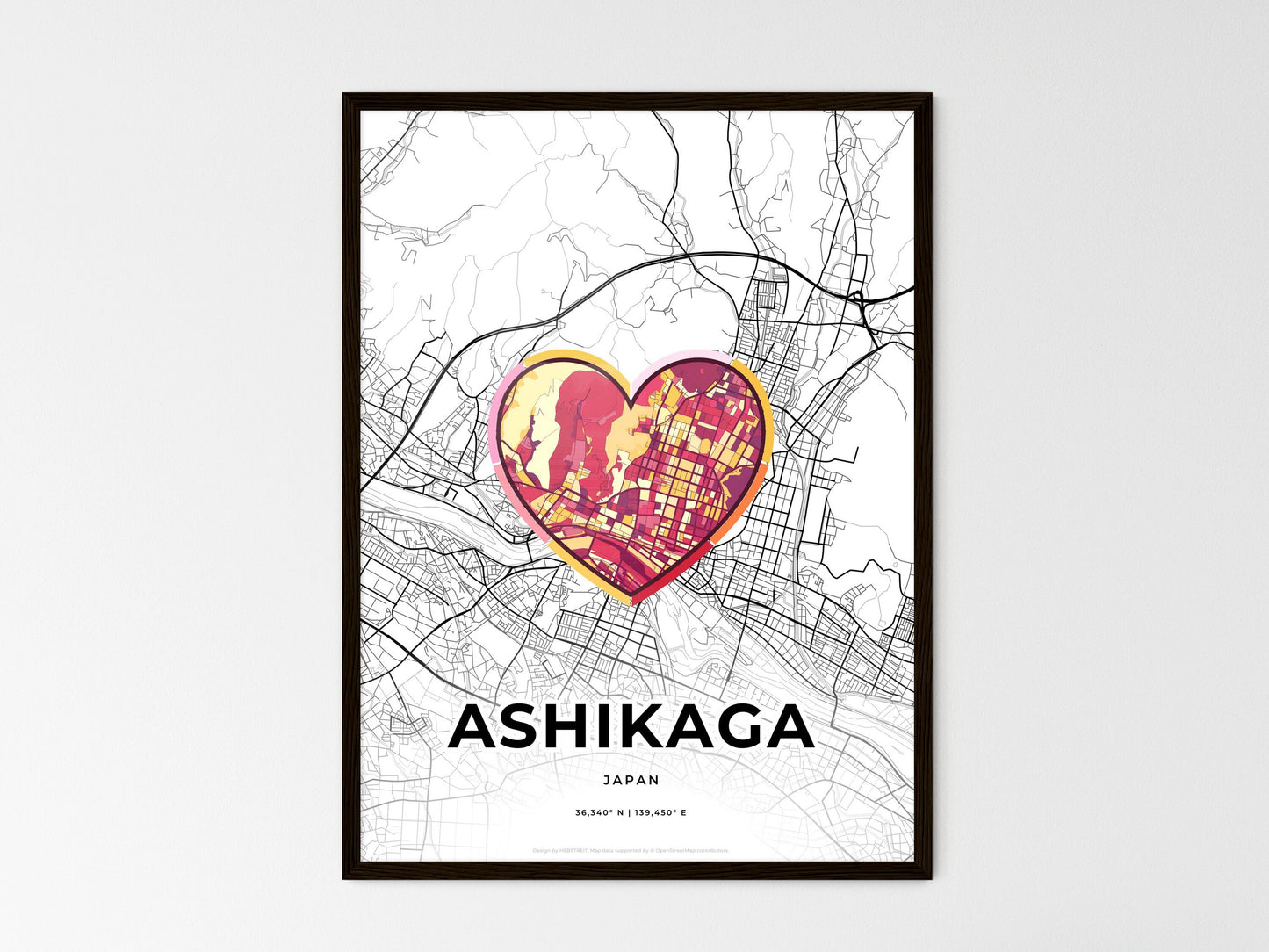 Ashikaga Japan wedding art map with heart icon