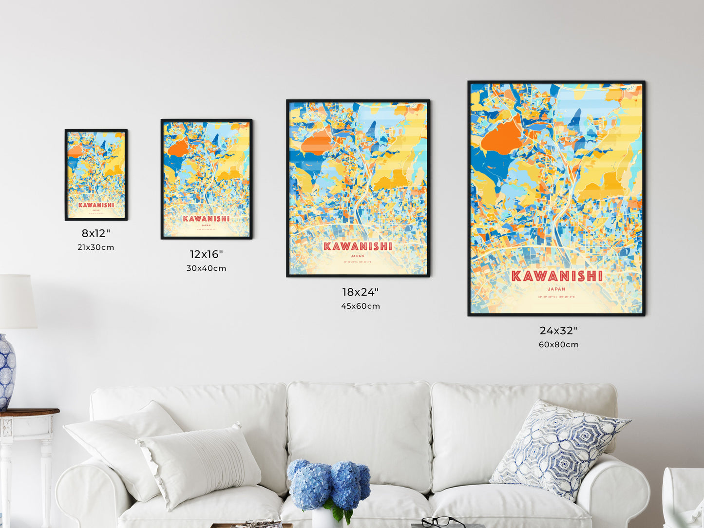 Colorful KAWANISHI JAPAN Fine Art Map Blue Orange