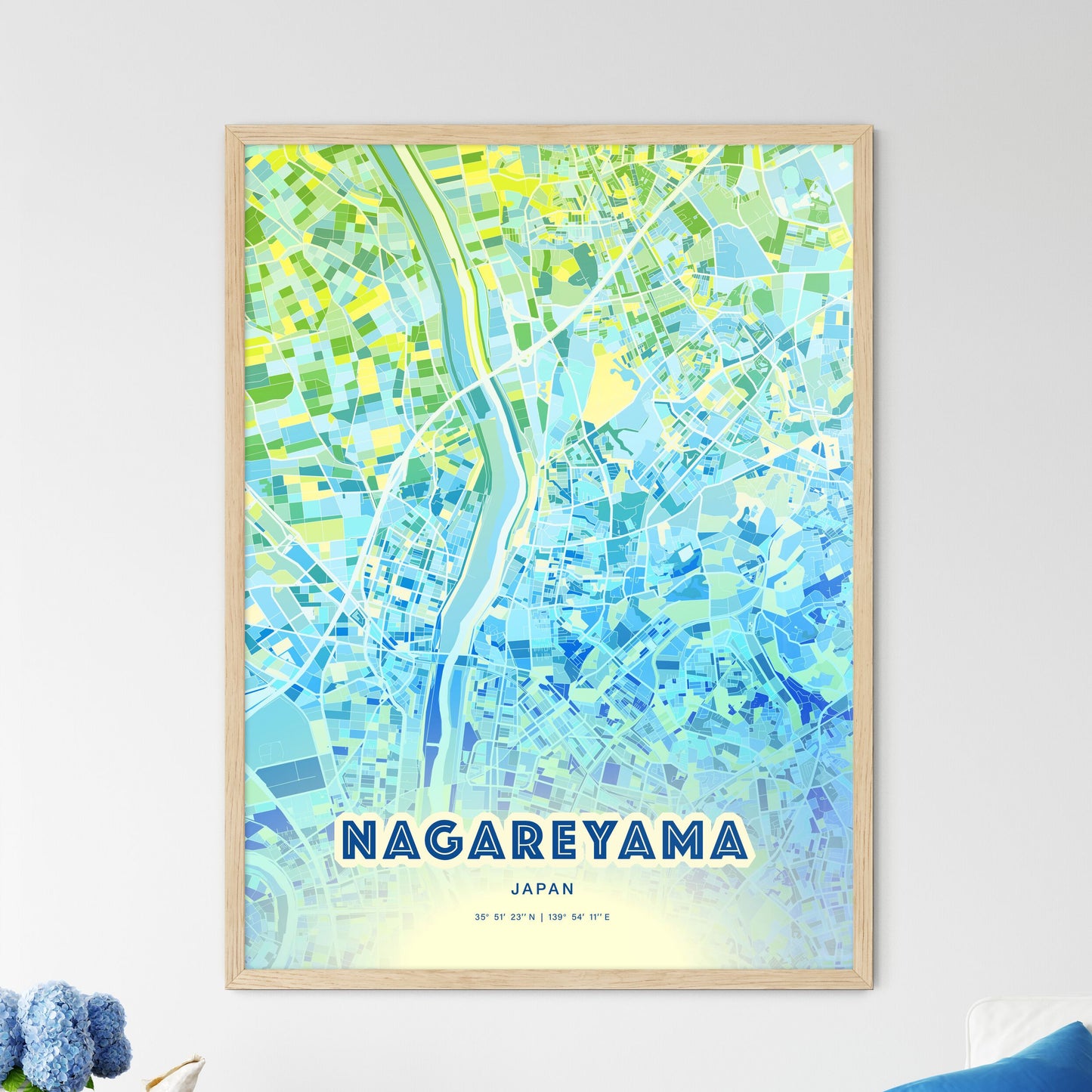 Colorful NAGAREYAMA JAPAN Fine Art Map Cool Blue