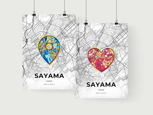 SAYAMA JAPAN minimal art map with a colorful icon. Where it all began, Couple map gift.