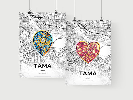 TAMA JAPAN minimal art map with a colorful icon. Where it all began, Couple map gift.