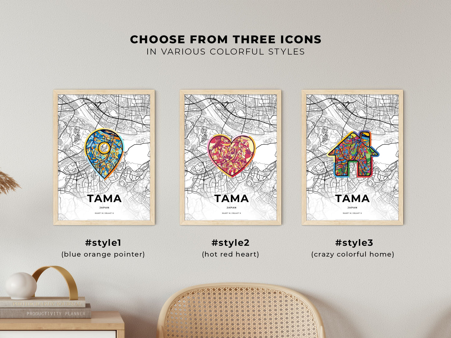 Tama Japan maps with colorful icons