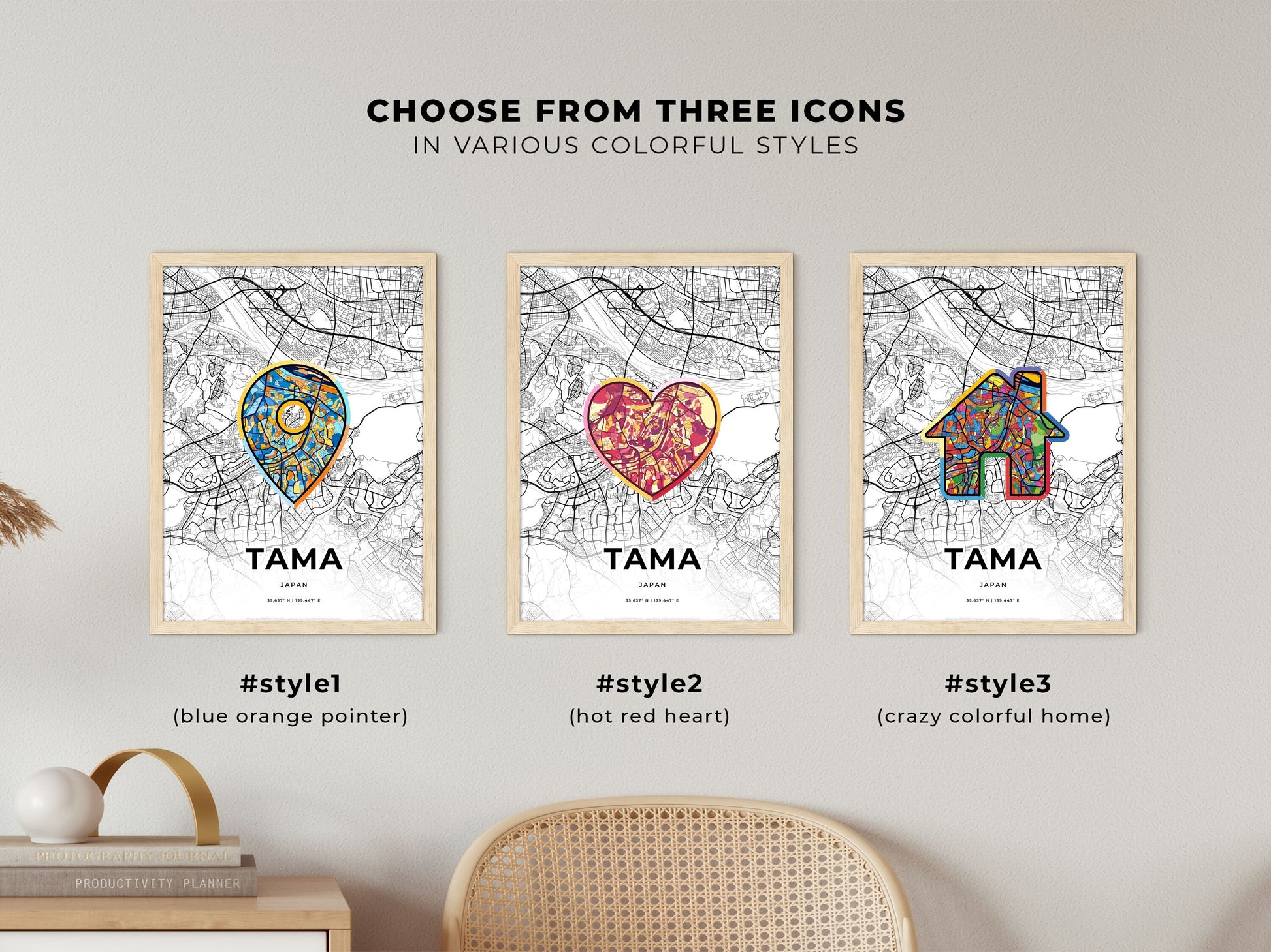 Tama Japan maps with colorful icons