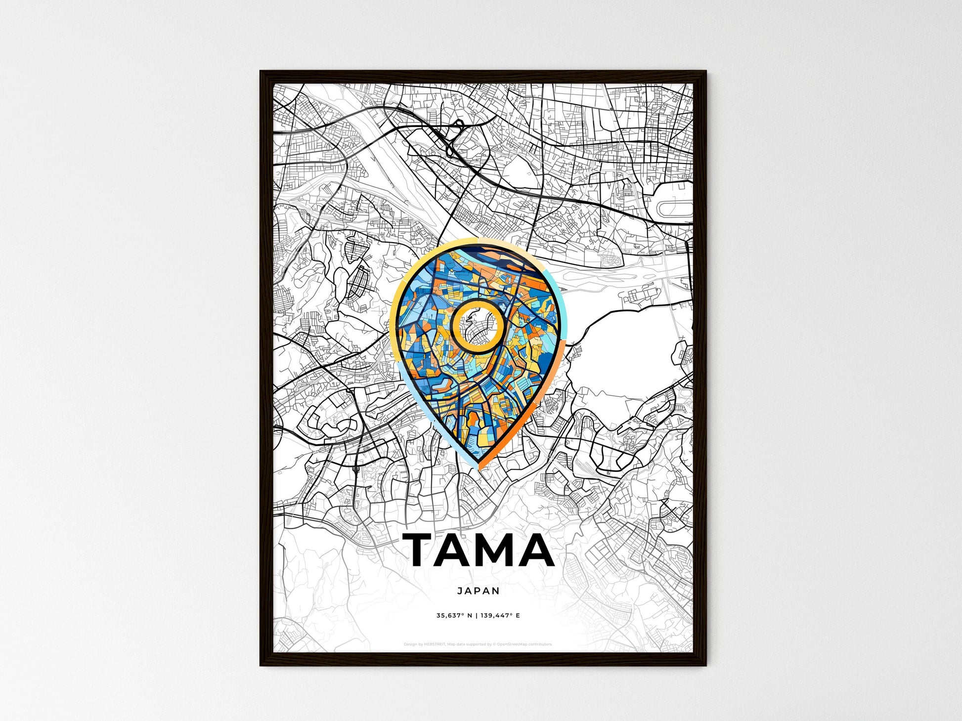 TAMA JAPAN minimal art map with a colorful icon. Where it all began, Couple map gift. Style 1