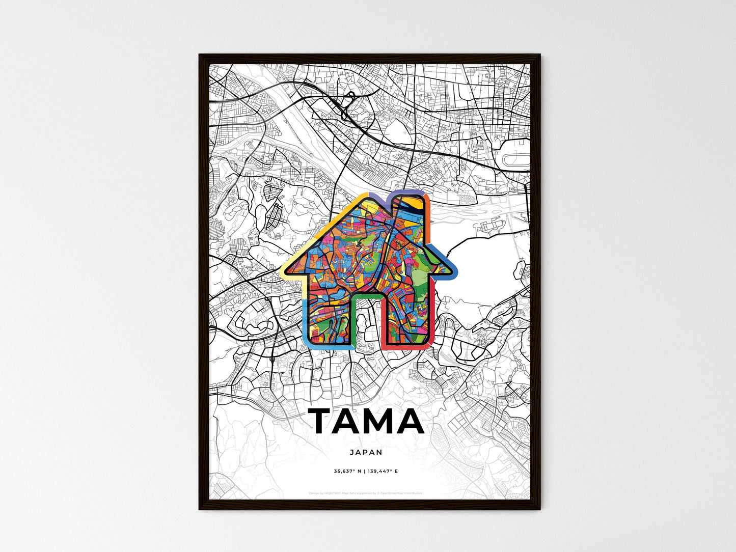 TAMA JAPAN minimal art map with a colorful icon. Where it all began, Couple map gift. Style 3