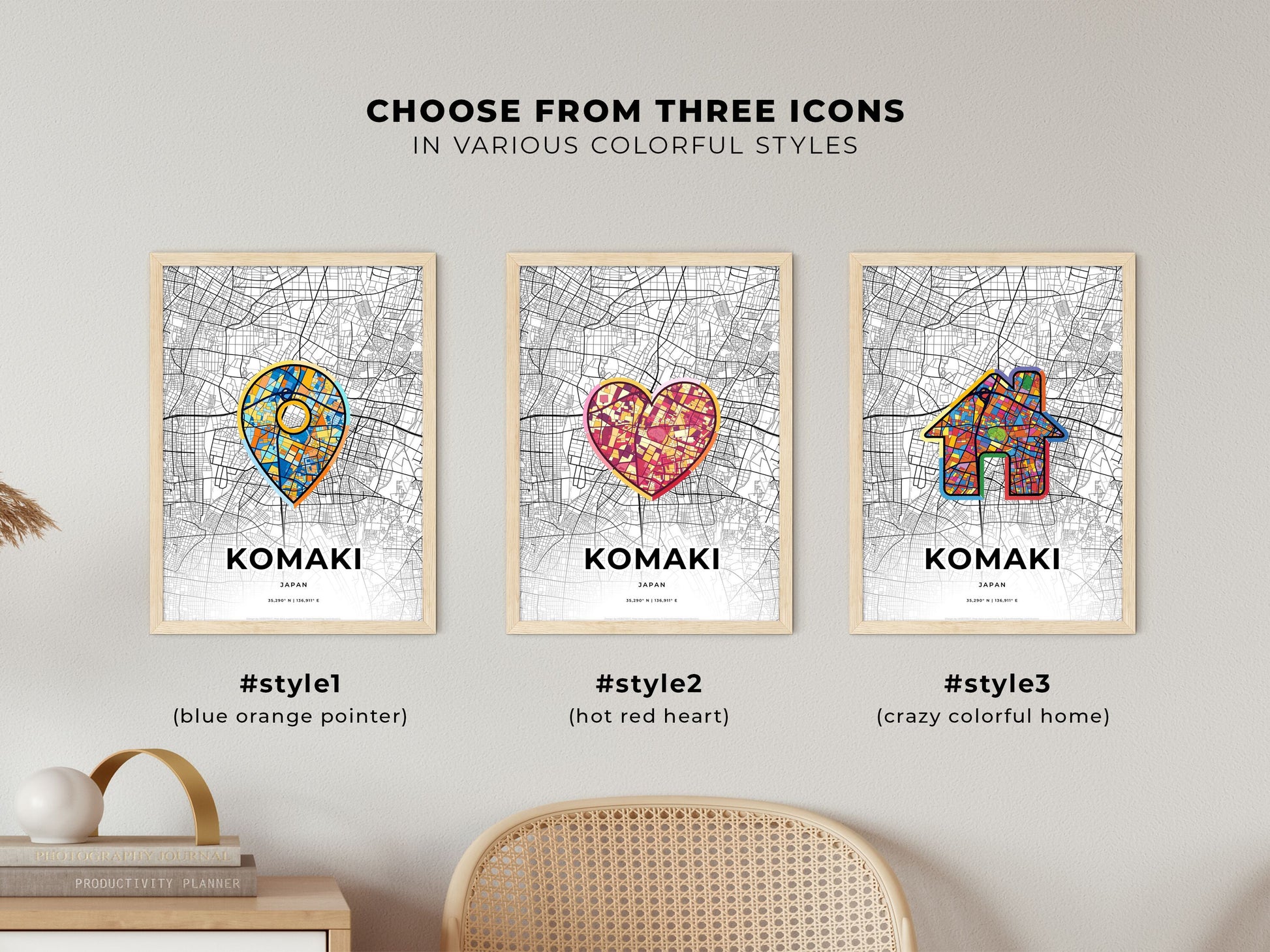 Komaki Japan maps with colorful icons