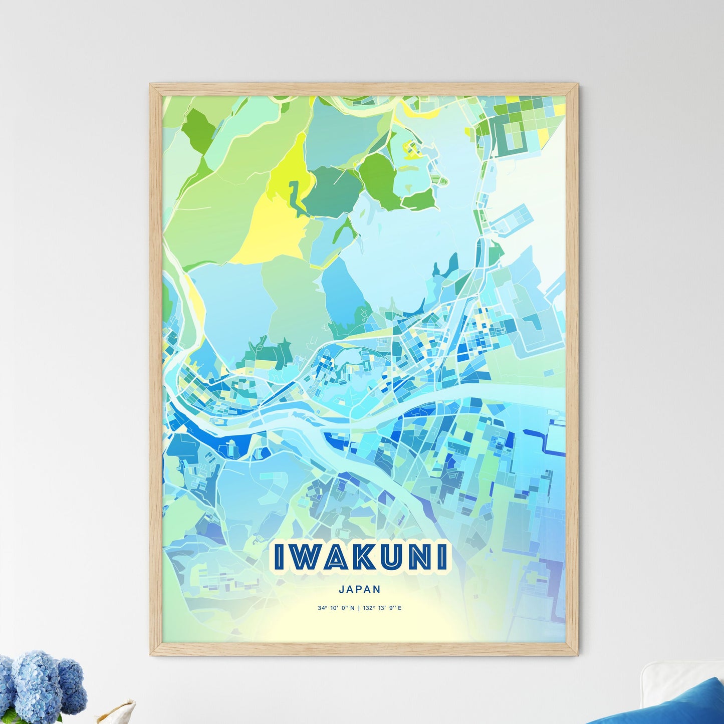 Colorful IWAKUNI JAPAN Fine Art Map Cool Blue