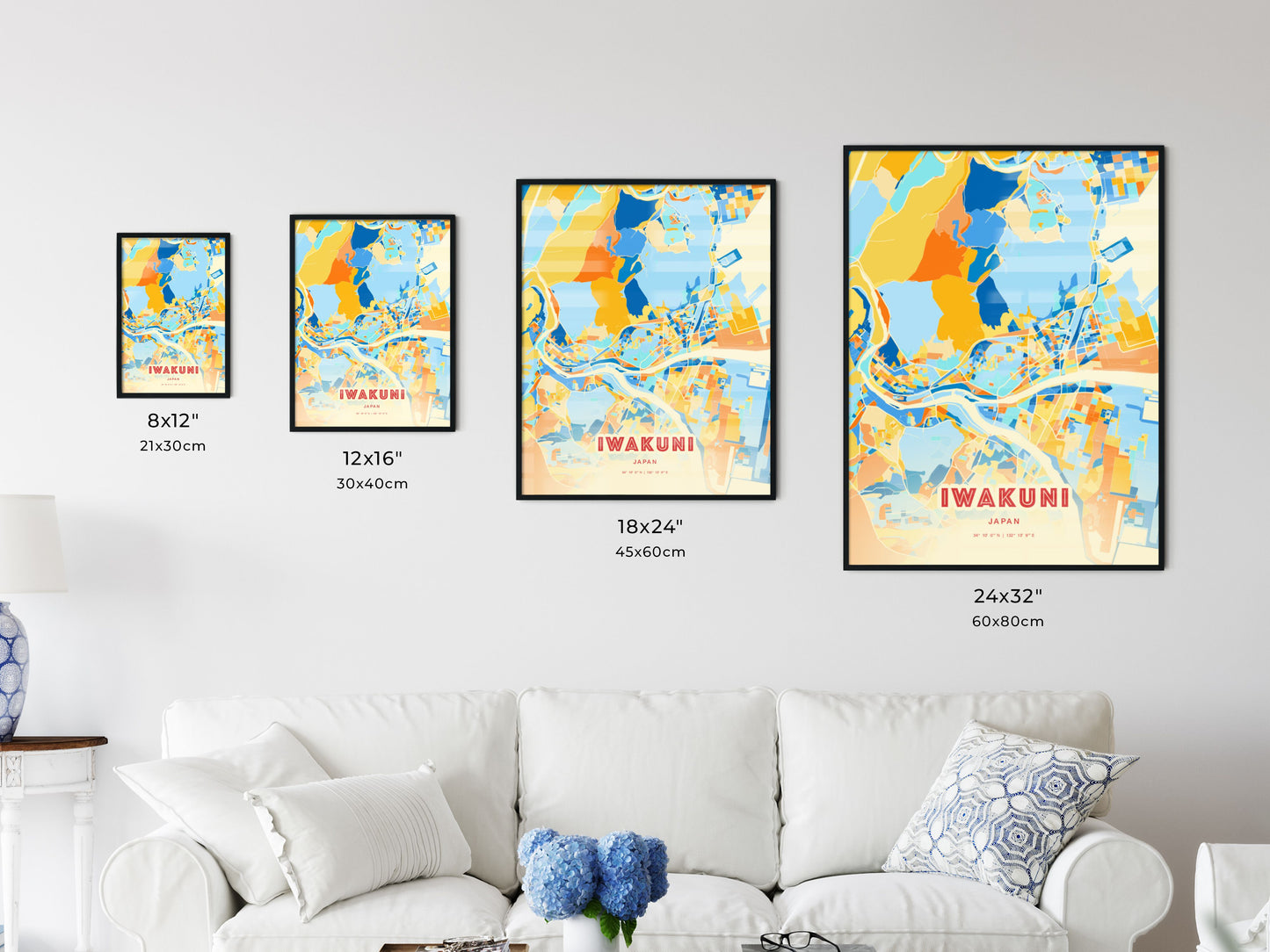 Colorful IWAKUNI JAPAN Fine Art Map Blue Orange