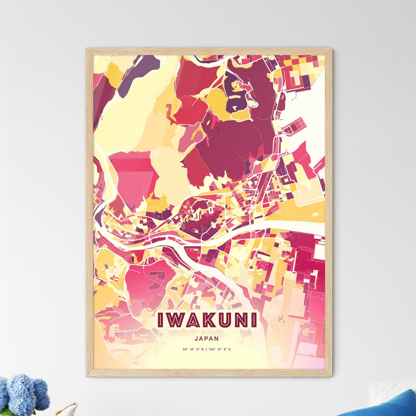 Colorful IWAKUNI JAPAN Fine Art Map Hot Red