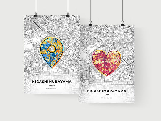 HIGASHIMURAYAMA JAPAN minimal art map with a colorful icon. Where it all began, Couple map gift.