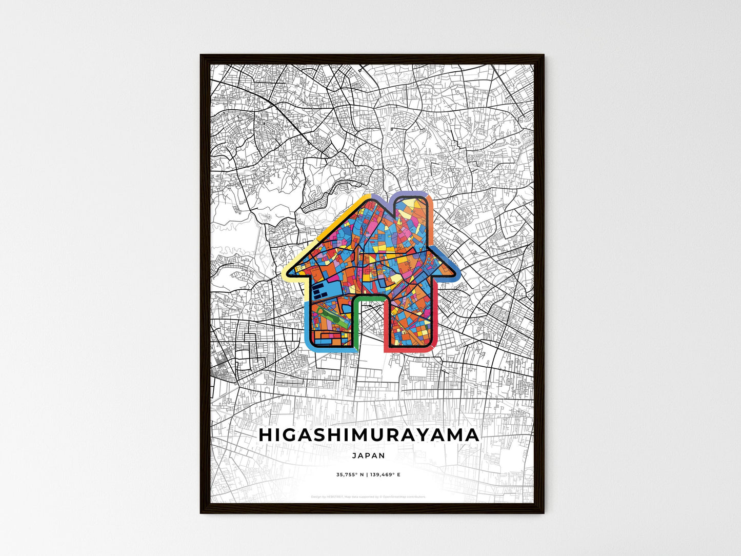HIGASHIMURAYAMA JAPAN minimal art map with a colorful icon. Where it all began, Couple map gift. Style 3