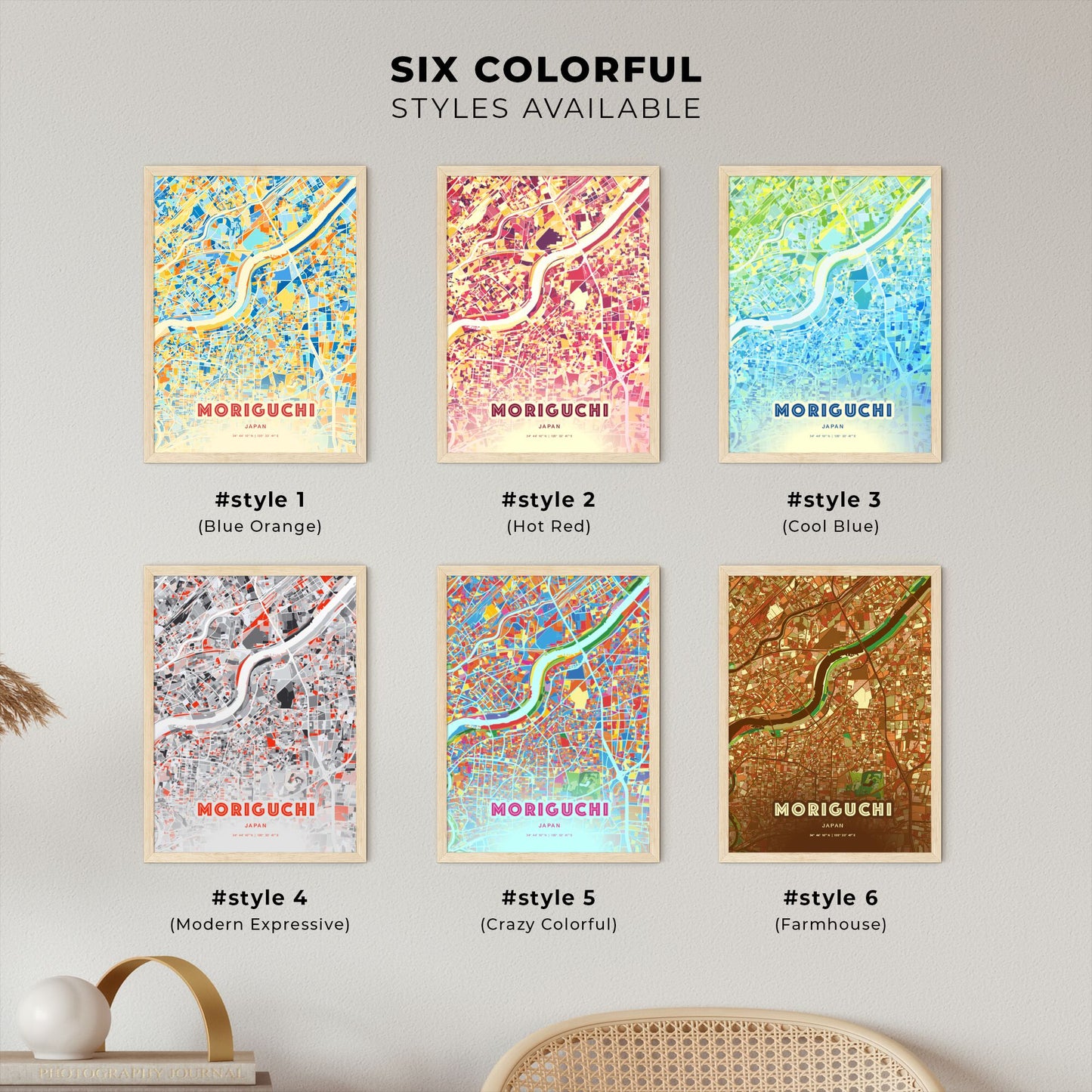 Colorful MORIGUCHI JAPAN Fine Art Map Blue Orange