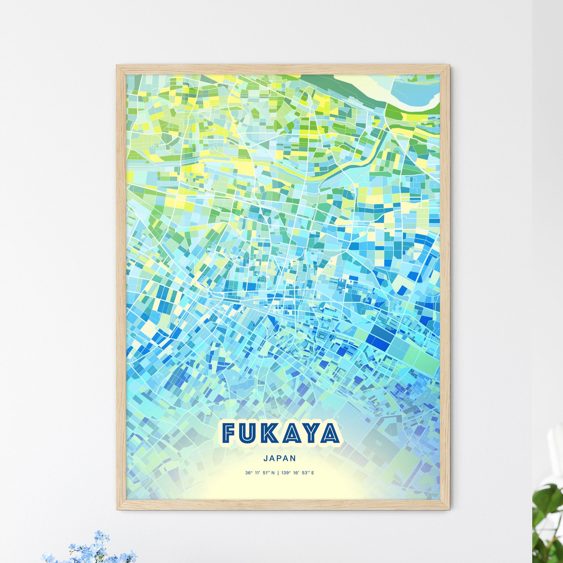 Colorful FUKAYA JAPAN Fine Art Map Cool Blue