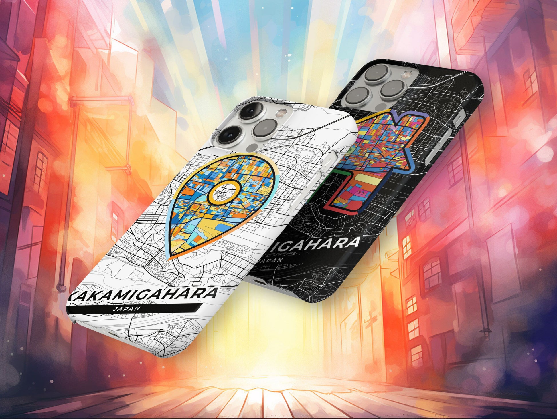 Kakamigahara Japan slim phone case with colorful icon. Birthday, wedding or housewarming gift. Couple match cases.