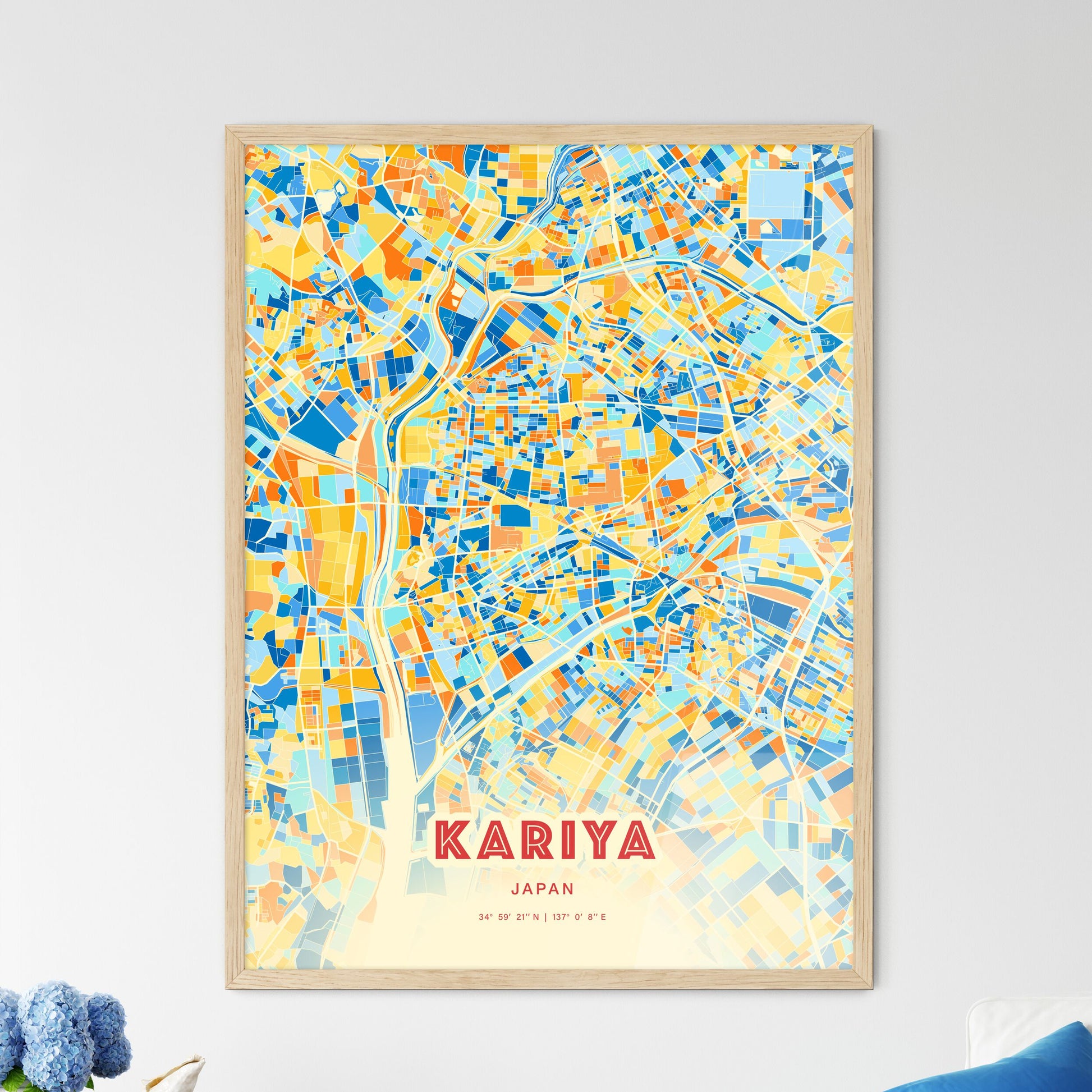 Colorful KARIYA JAPAN Fine Art Map Blue Orange