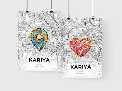 KARIYA JAPAN minimal art map with a colorful icon. Where it all began, Couple map gift.
