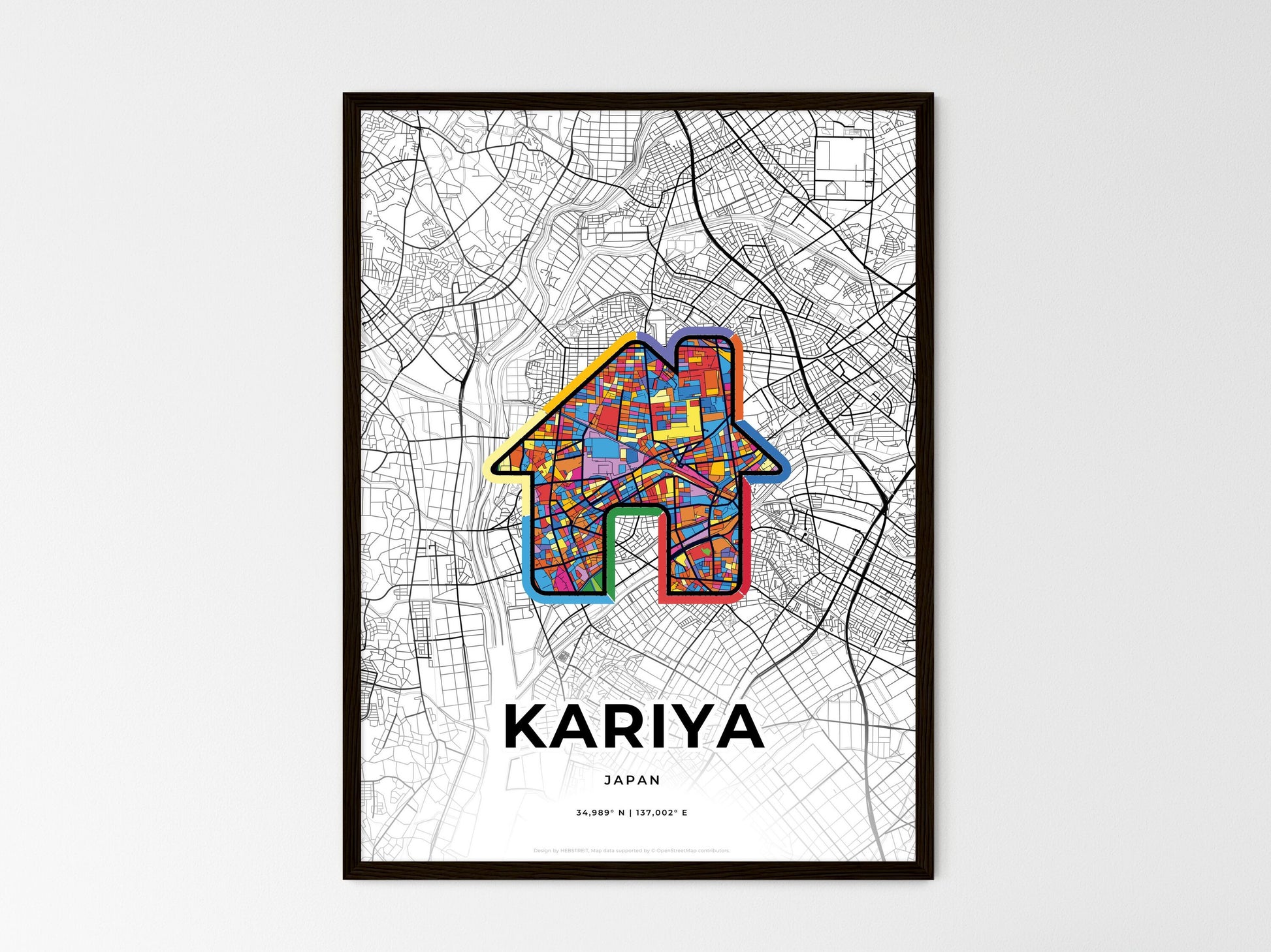 KARIYA JAPAN minimal art map with a colorful icon. Where it all began, Couple map gift. Style 3