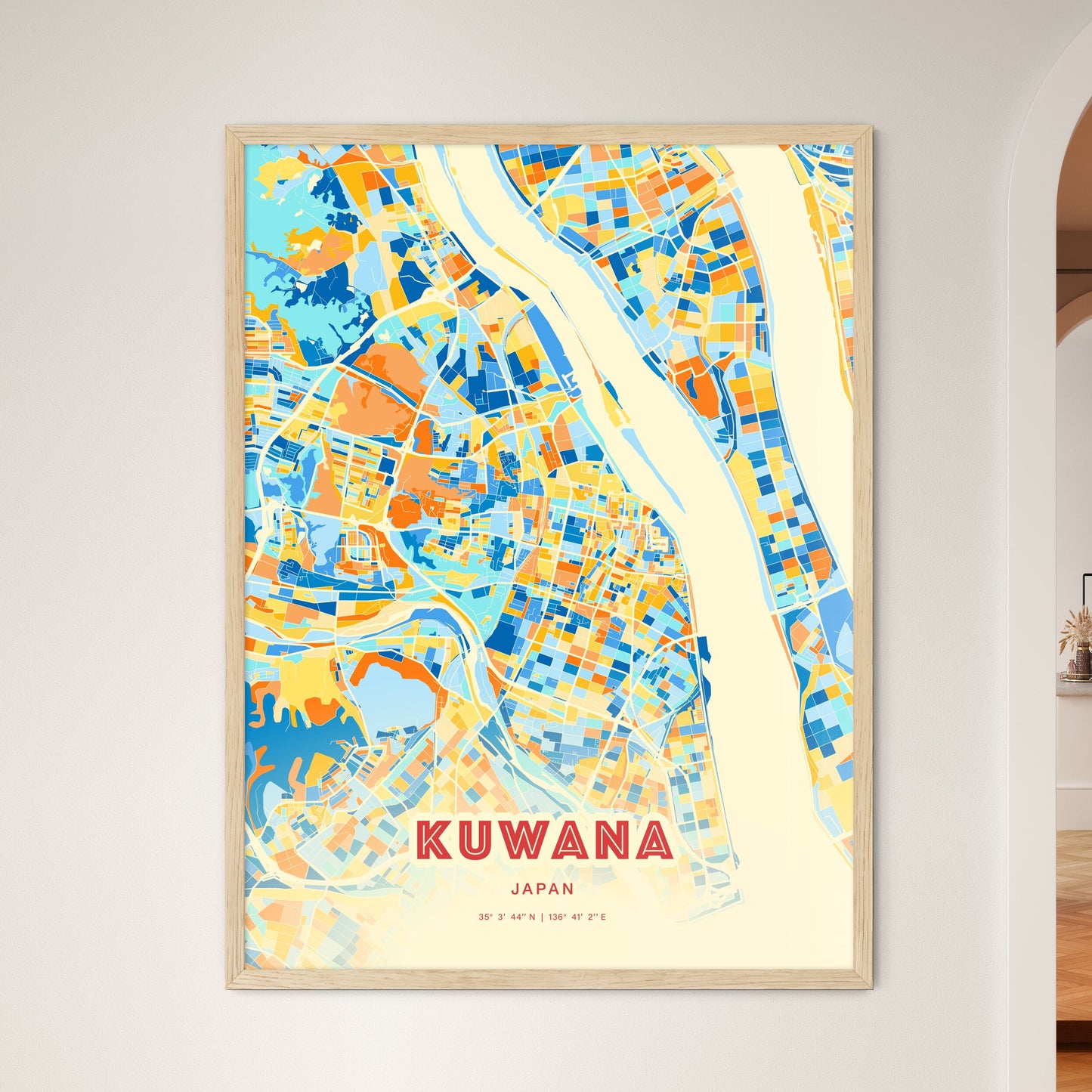 Colorful KUWANA JAPAN Fine Art Map Blue Orange