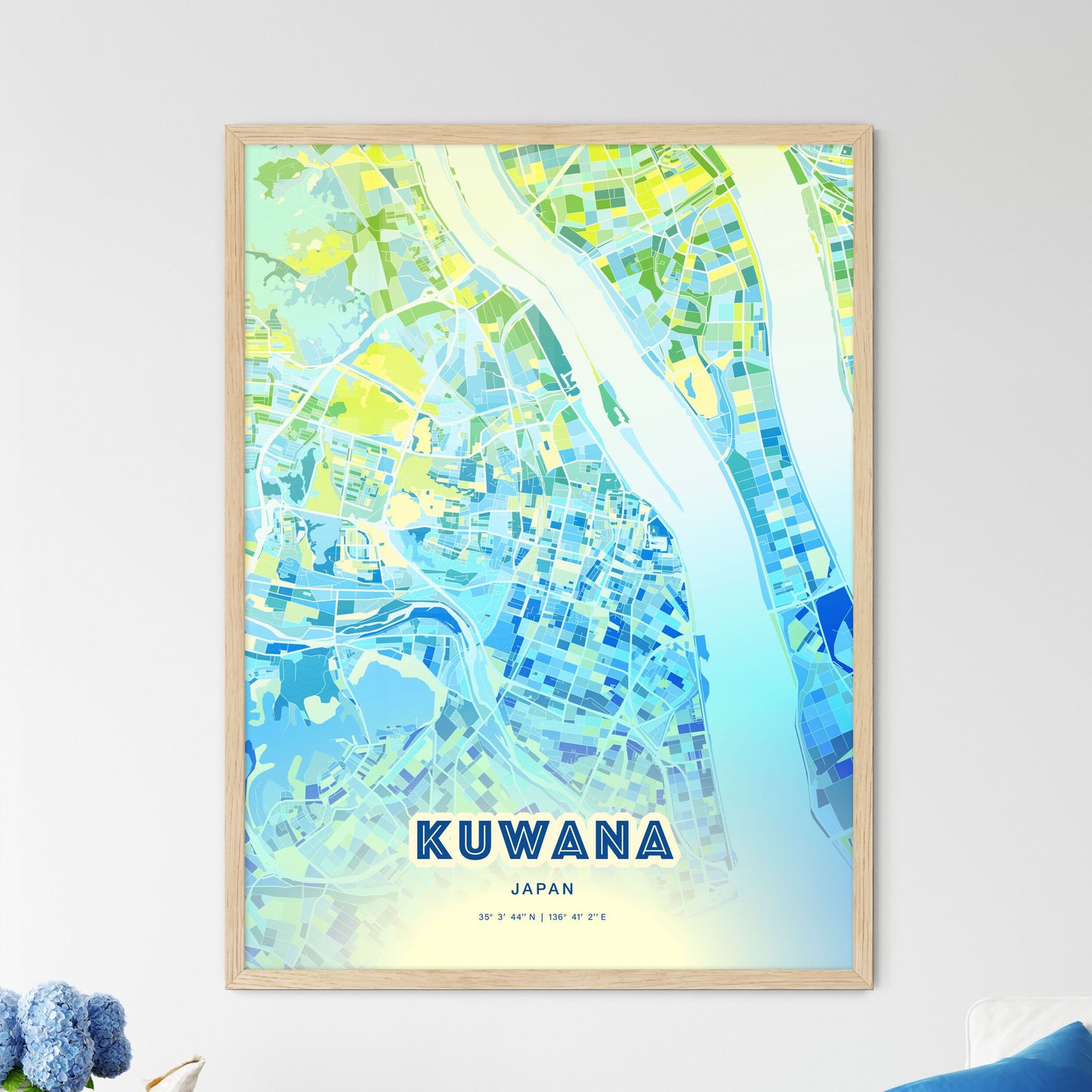 Colorful KUWANA JAPAN Fine Art Map Cool Blue