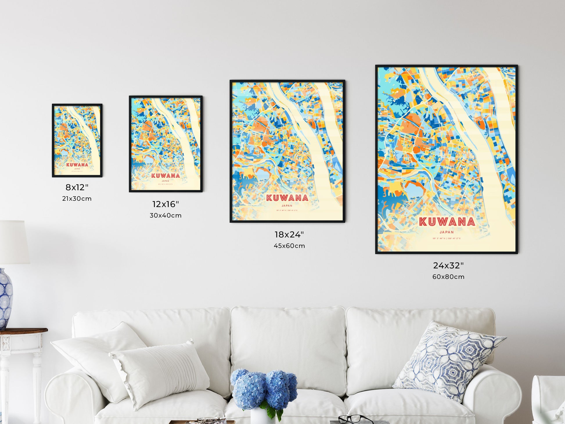 Colorful KUWANA JAPAN Fine Art Map Blue Orange