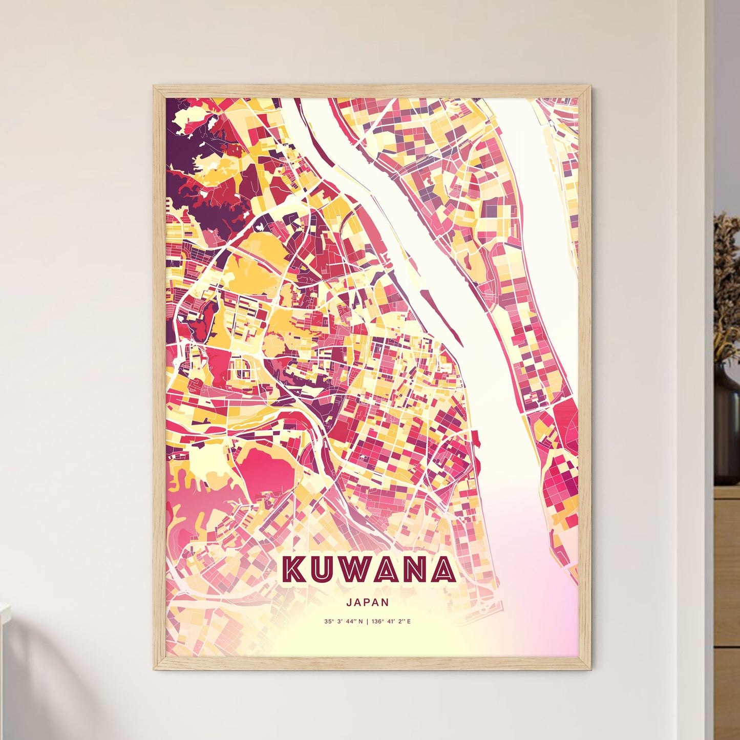 Colorful KUWANA JAPAN Fine Art Map Hot Red