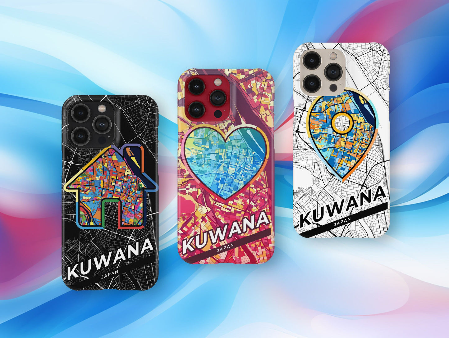 Kuwana Japan slim phone case with colorful icon. Birthday, wedding or housewarming gift. Couple match cases.