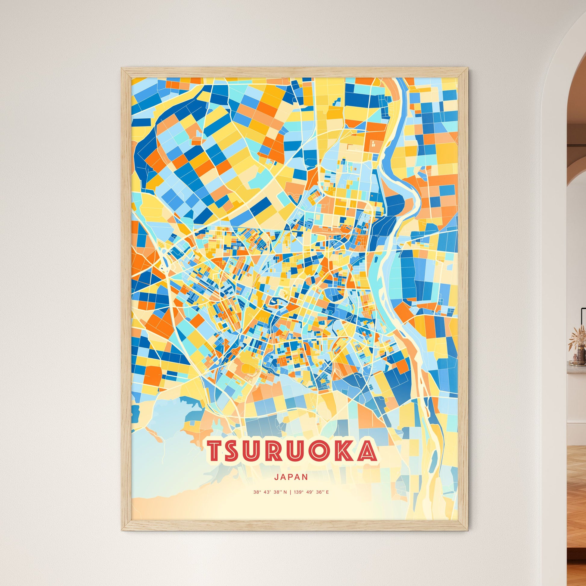 Colorful TSURUOKA JAPAN Fine Art Map Blue Orange