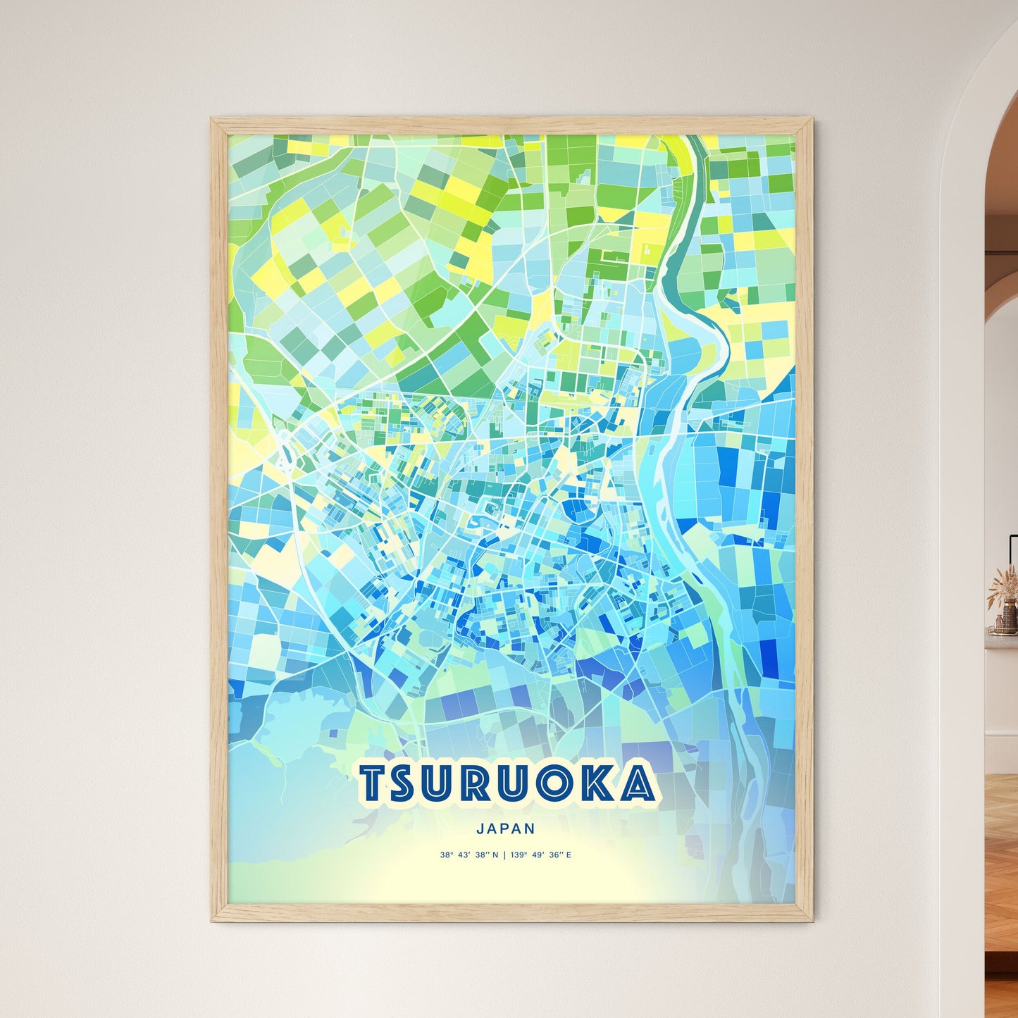 Colorful TSURUOKA JAPAN Fine Art Map Cool Blue