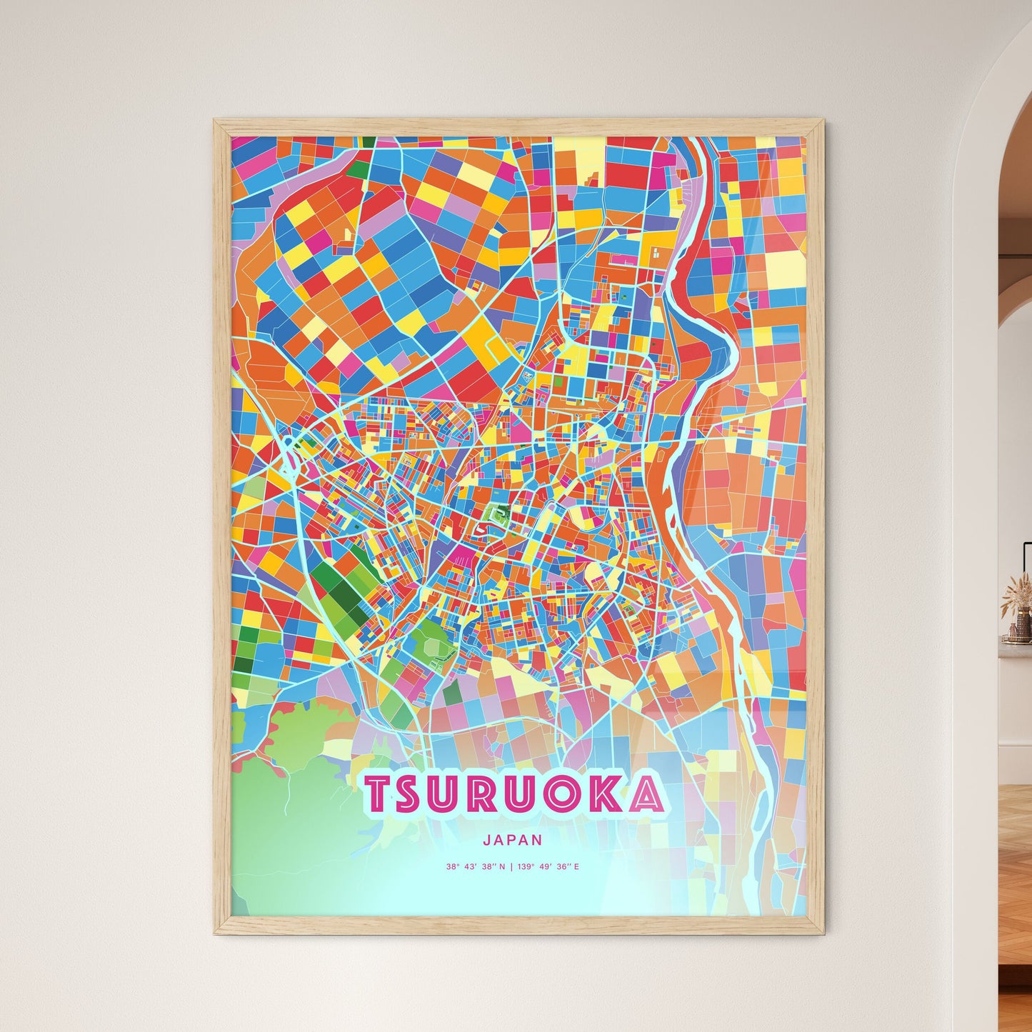 Colorful TSURUOKA JAPAN Fine Art Map Crazy Colors