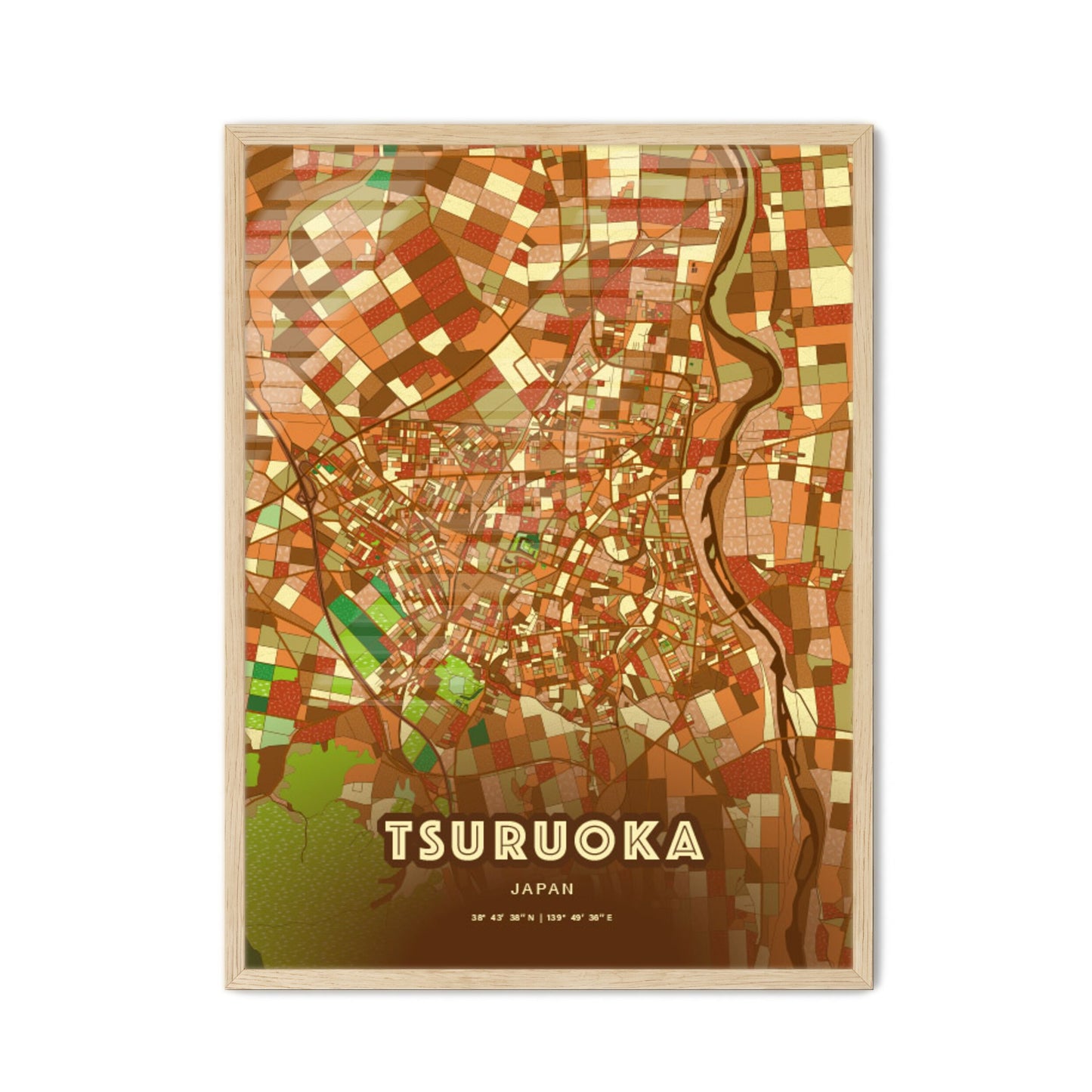 Colorful TSURUOKA JAPAN Fine Art Map Farmhouse