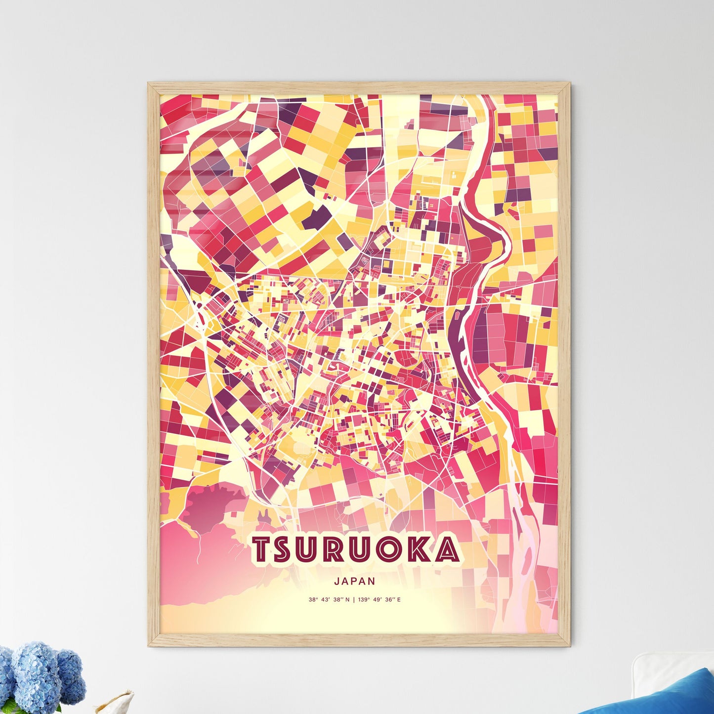 Colorful TSURUOKA JAPAN Fine Art Map Hot Red