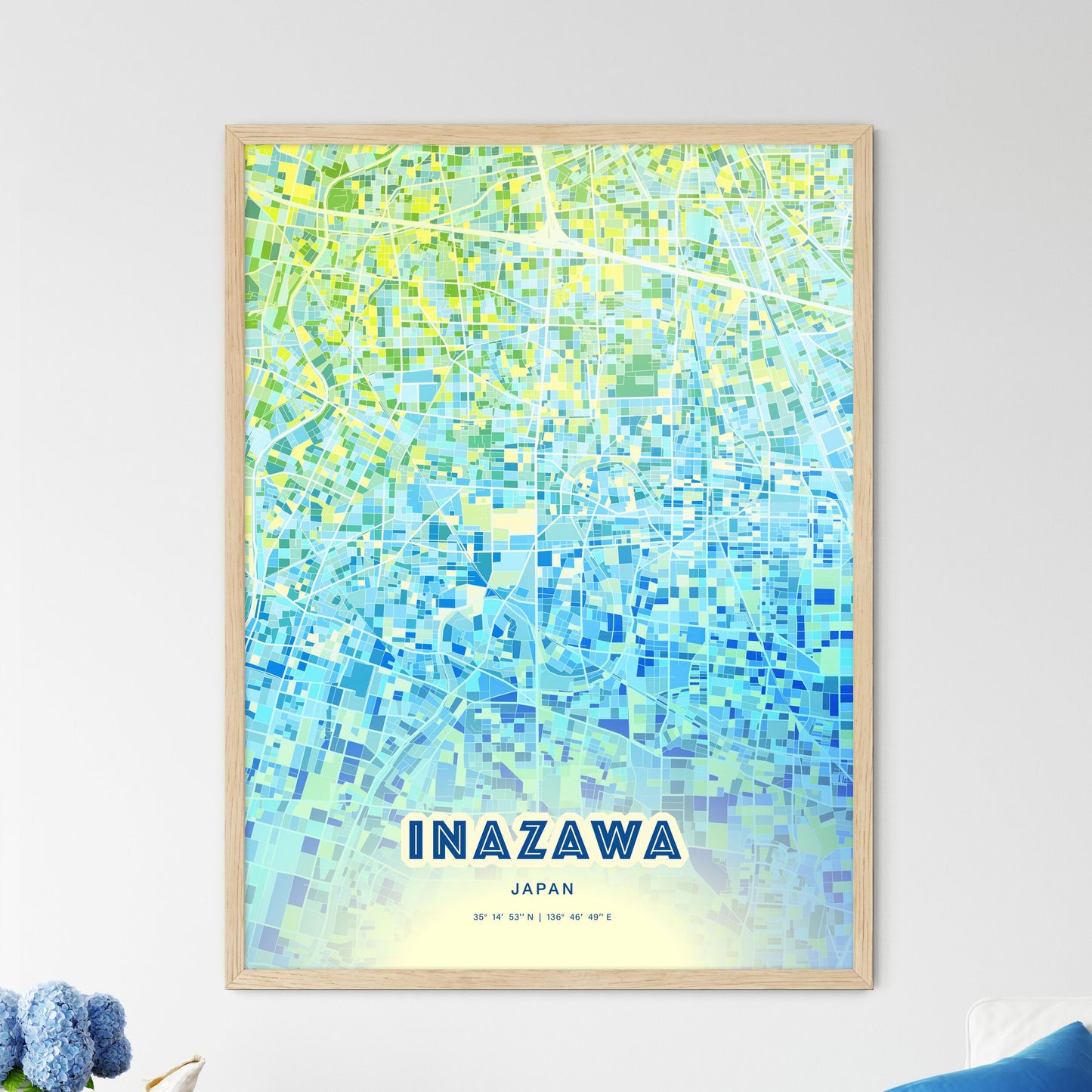 Colorful INAZAWA JAPAN Fine Art Map Cool Blue