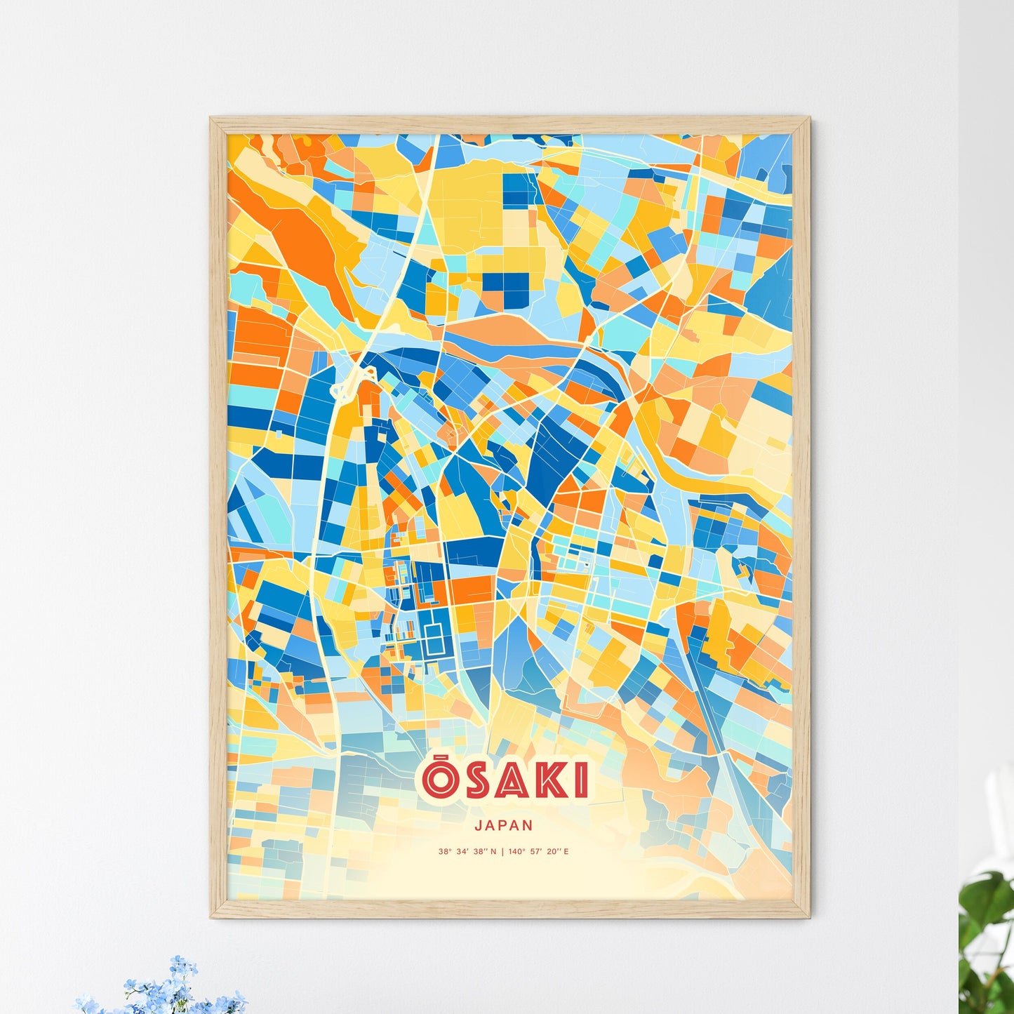 Colorful ŌSAKI JAPAN Fine Art Map Blue Orange