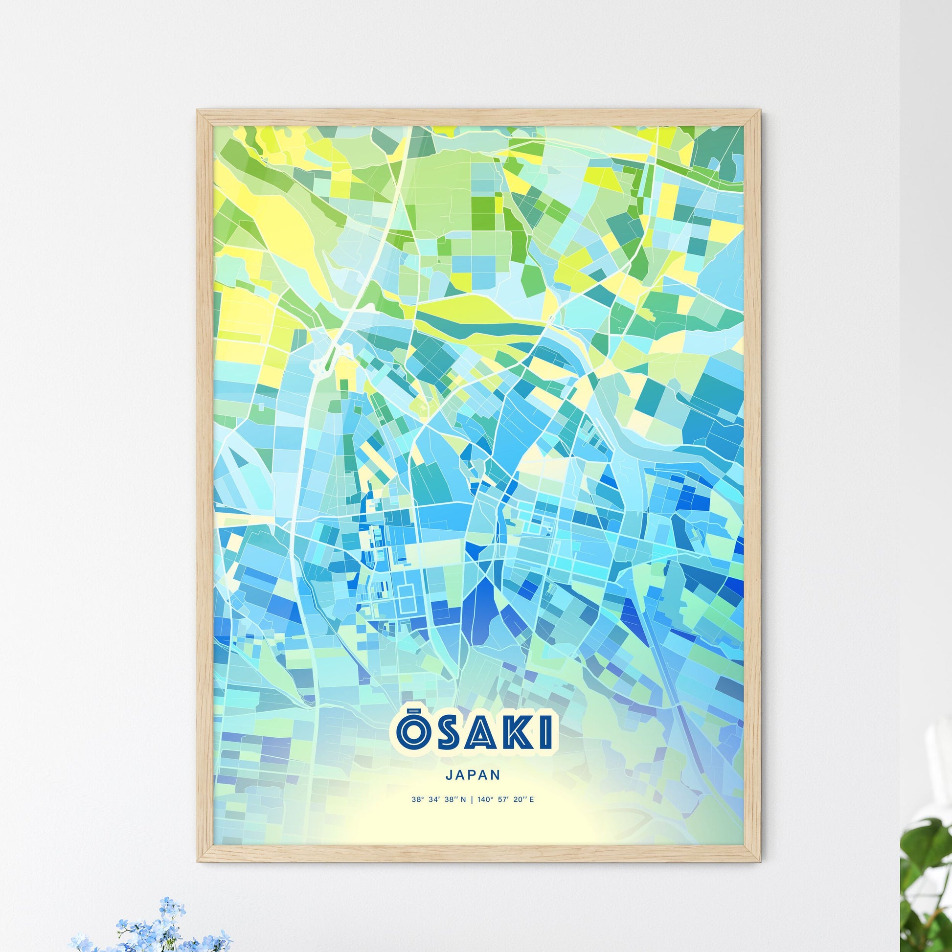 Colorful ŌSAKI JAPAN Fine Art Map Cool Blue