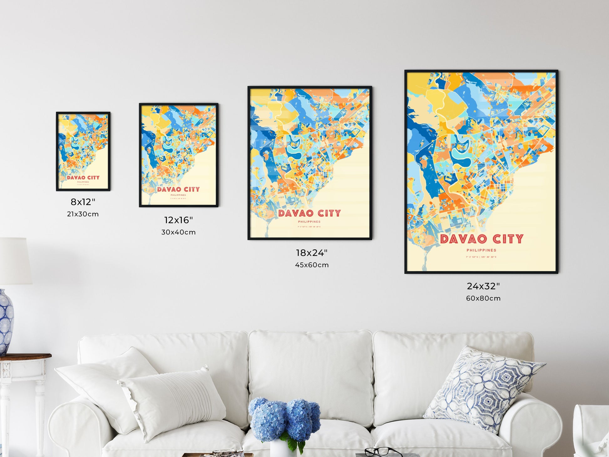 Colorful DAVAO CITY PHILIPPINES Fine Art Map Blue Orange