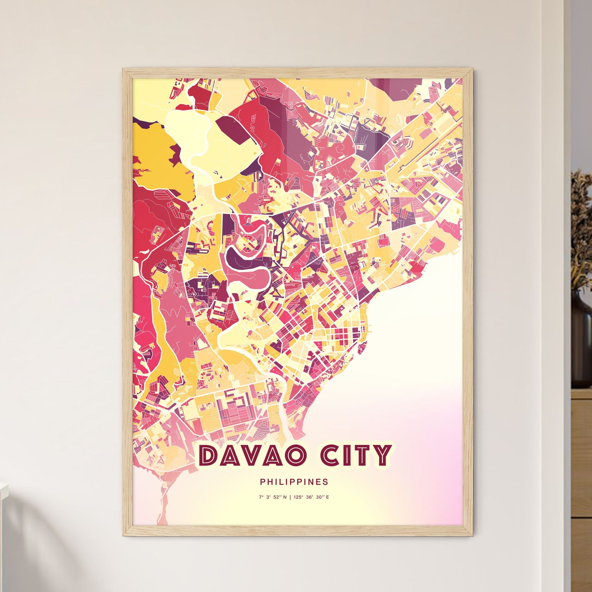 Colorful DAVAO CITY PHILIPPINES Fine Art Map Hot Red