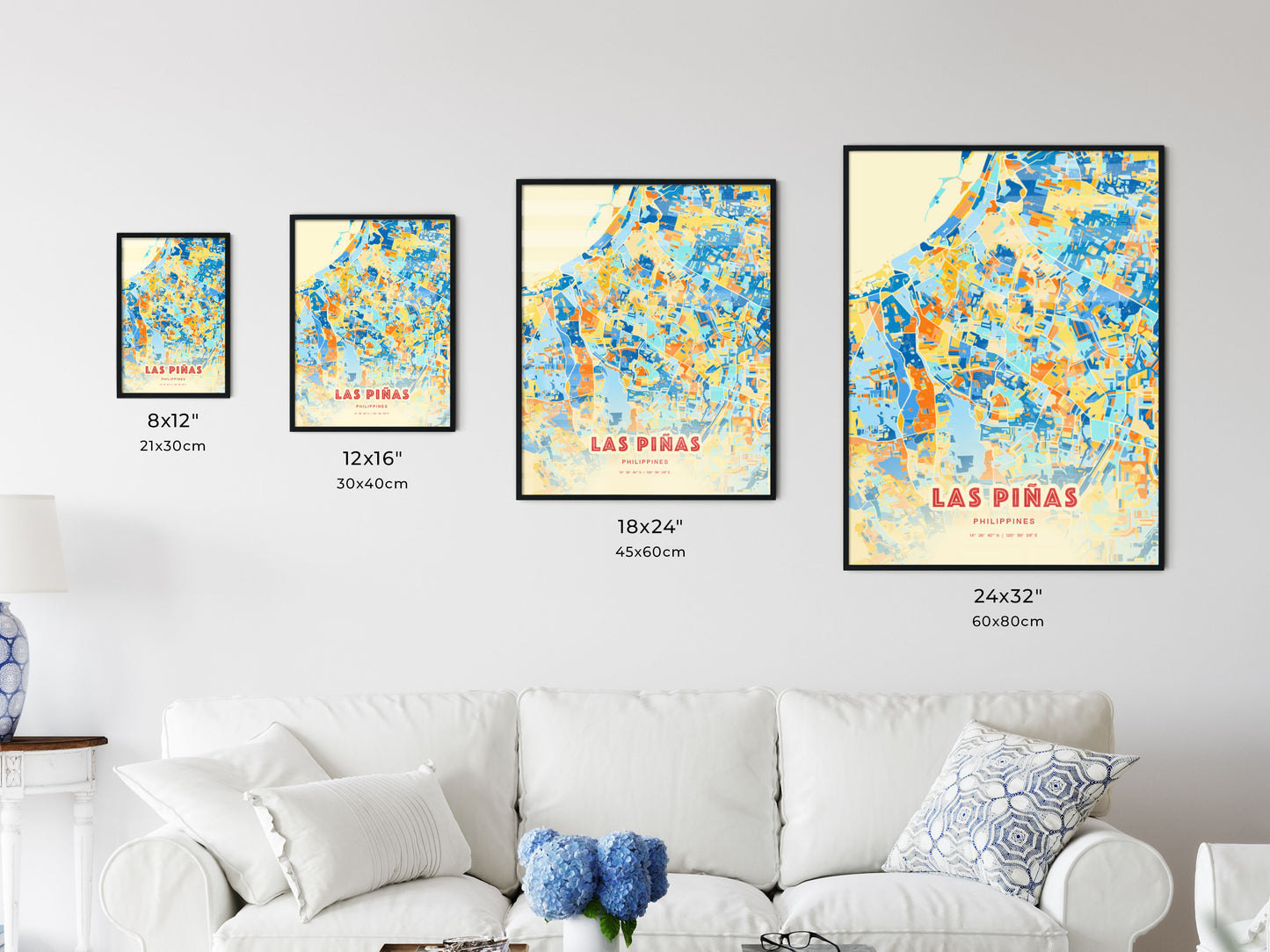 Colorful LAS PIÑAS PHILIPPINES Fine Art Map Blue Orange