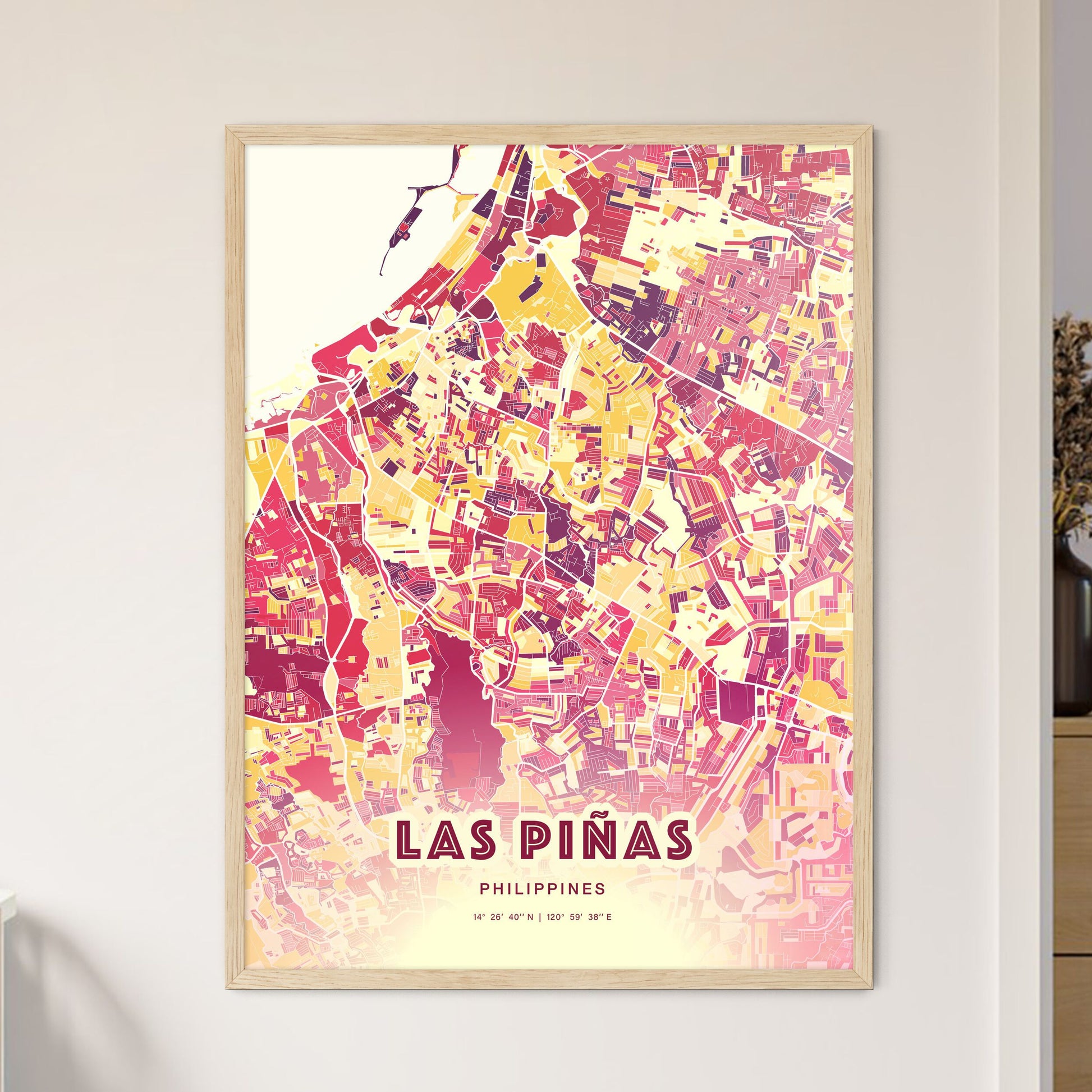 Colorful LAS PIÑAS PHILIPPINES Fine Art Map Hot Red