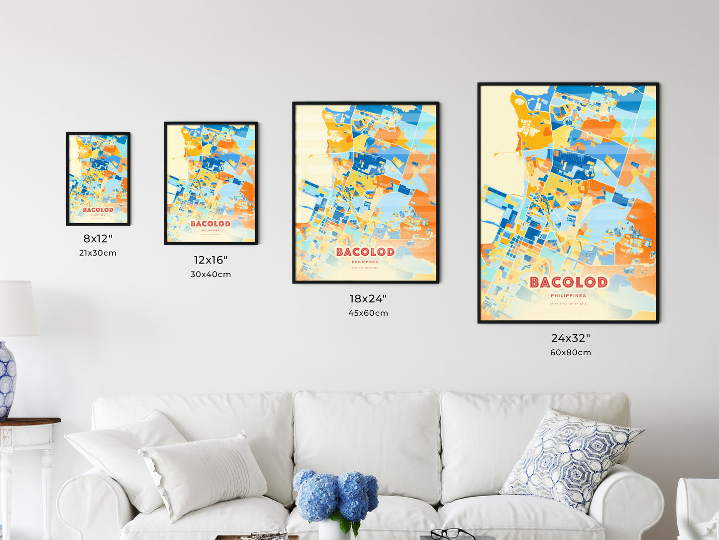 Colorful BACOLOD PHILIPPINES Fine Art Map Blue Orange