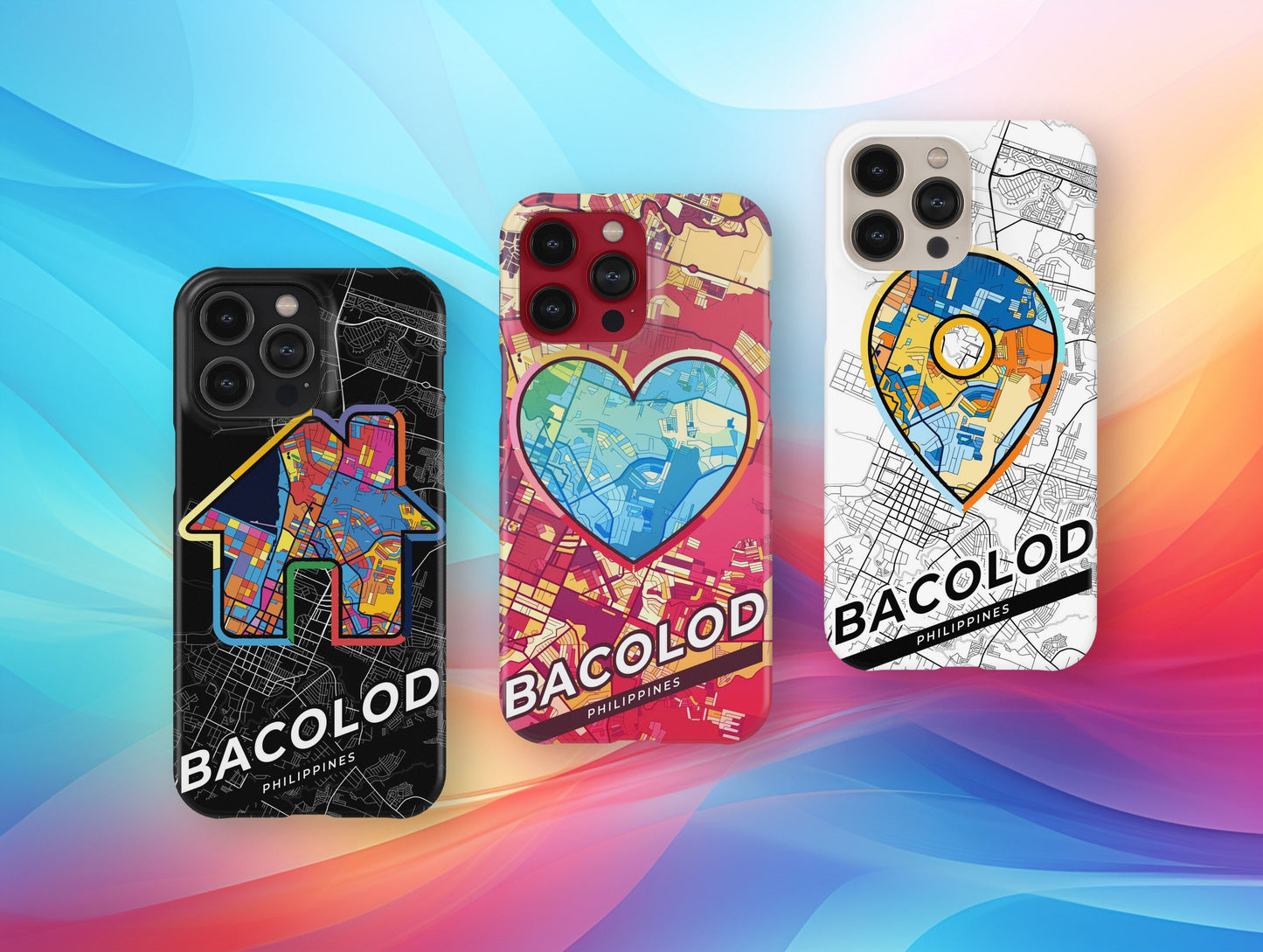 Bacolod Philippines slim phone case with colorful icon. Birthday, wedding or housewarming gift. Couple match cases.