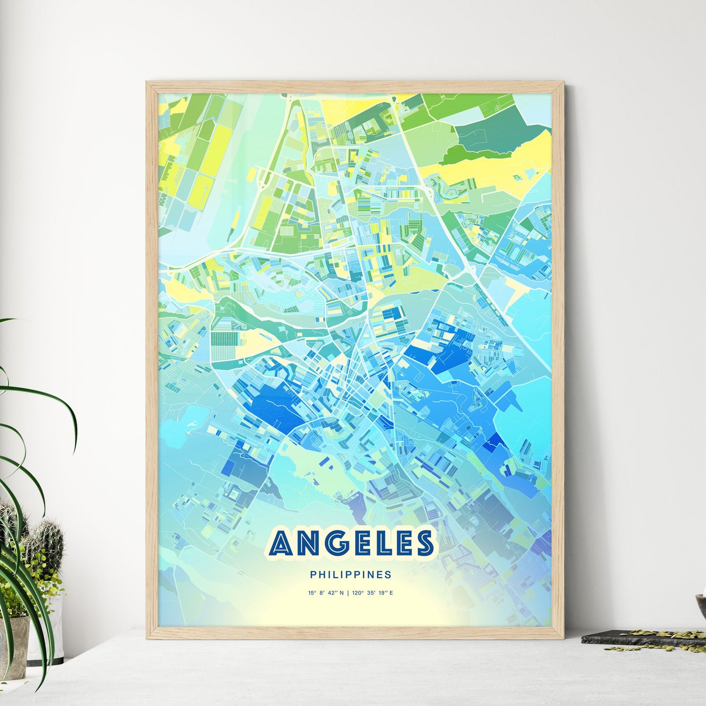 Colorful ANGELES PHILIPPINES Fine Art Map Cool Blue