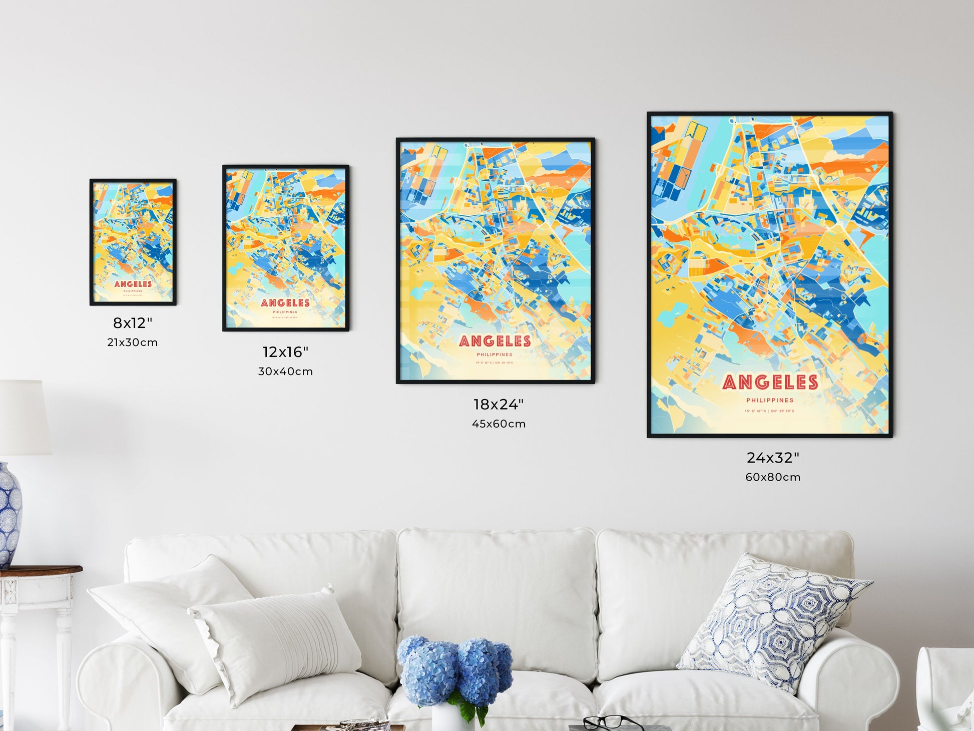 Colorful ANGELES PHILIPPINES Fine Art Map Blue Orange